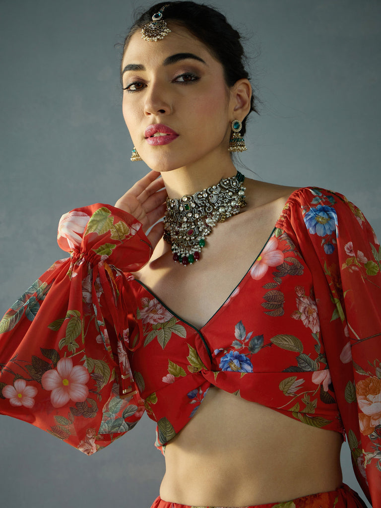 Women's Red Floral Lehenga Set