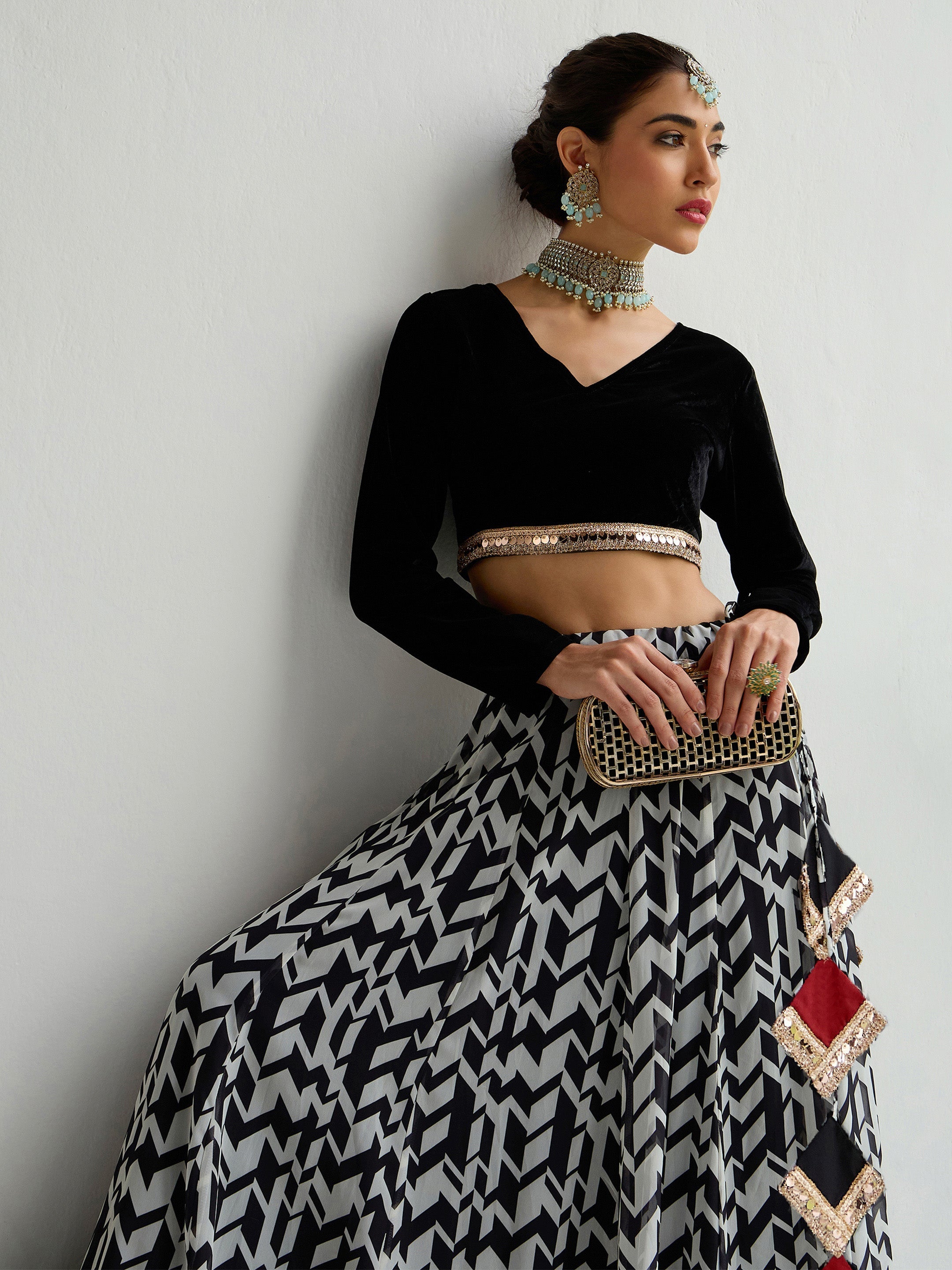 Women's Black Crop Top Lehenga Set - Sassafras