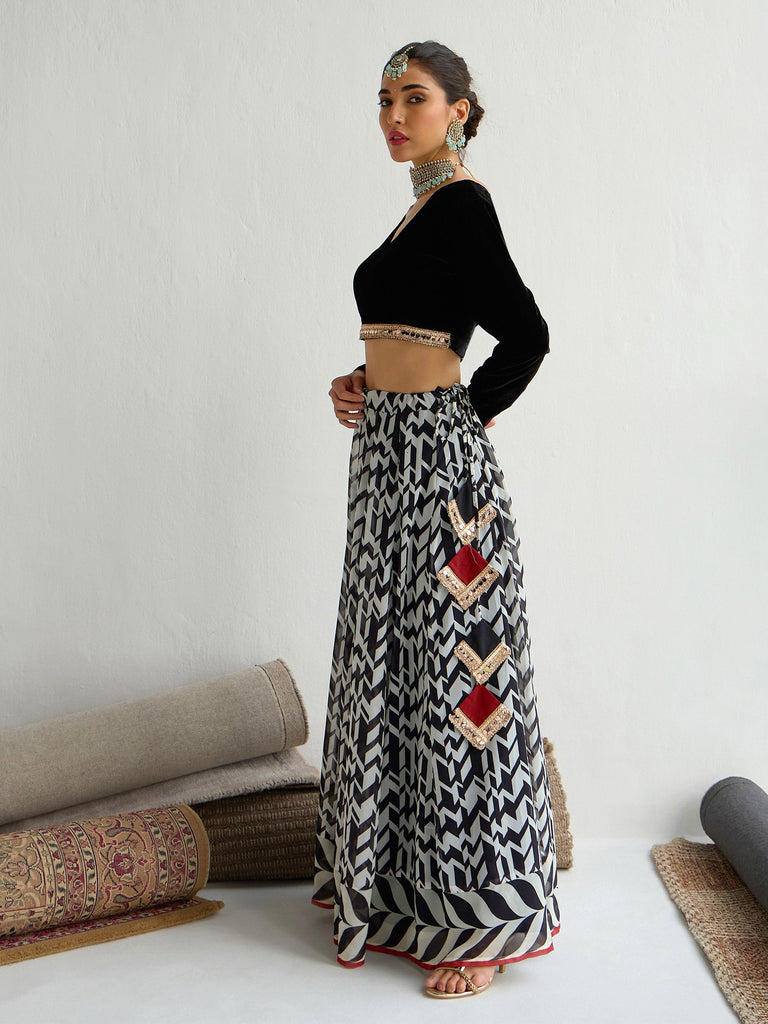 Women's Black Crop Top Lehenga Set
