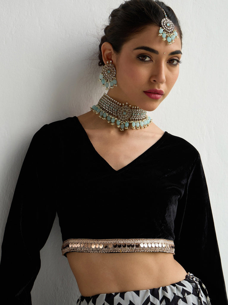 Women's Black Crop Top Lehenga Set