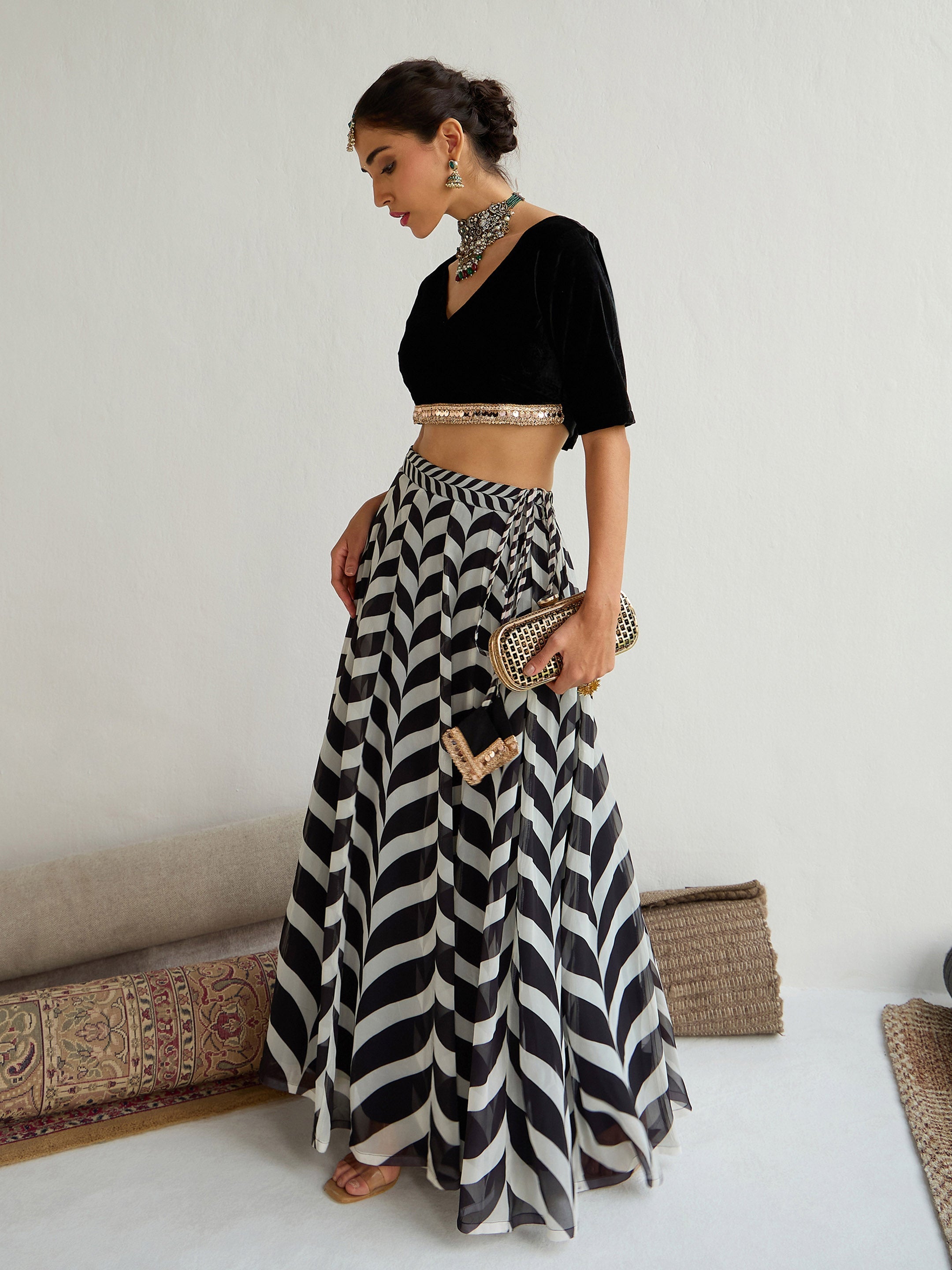 Women's Black Crop Top Lehenga Set - Sassafras