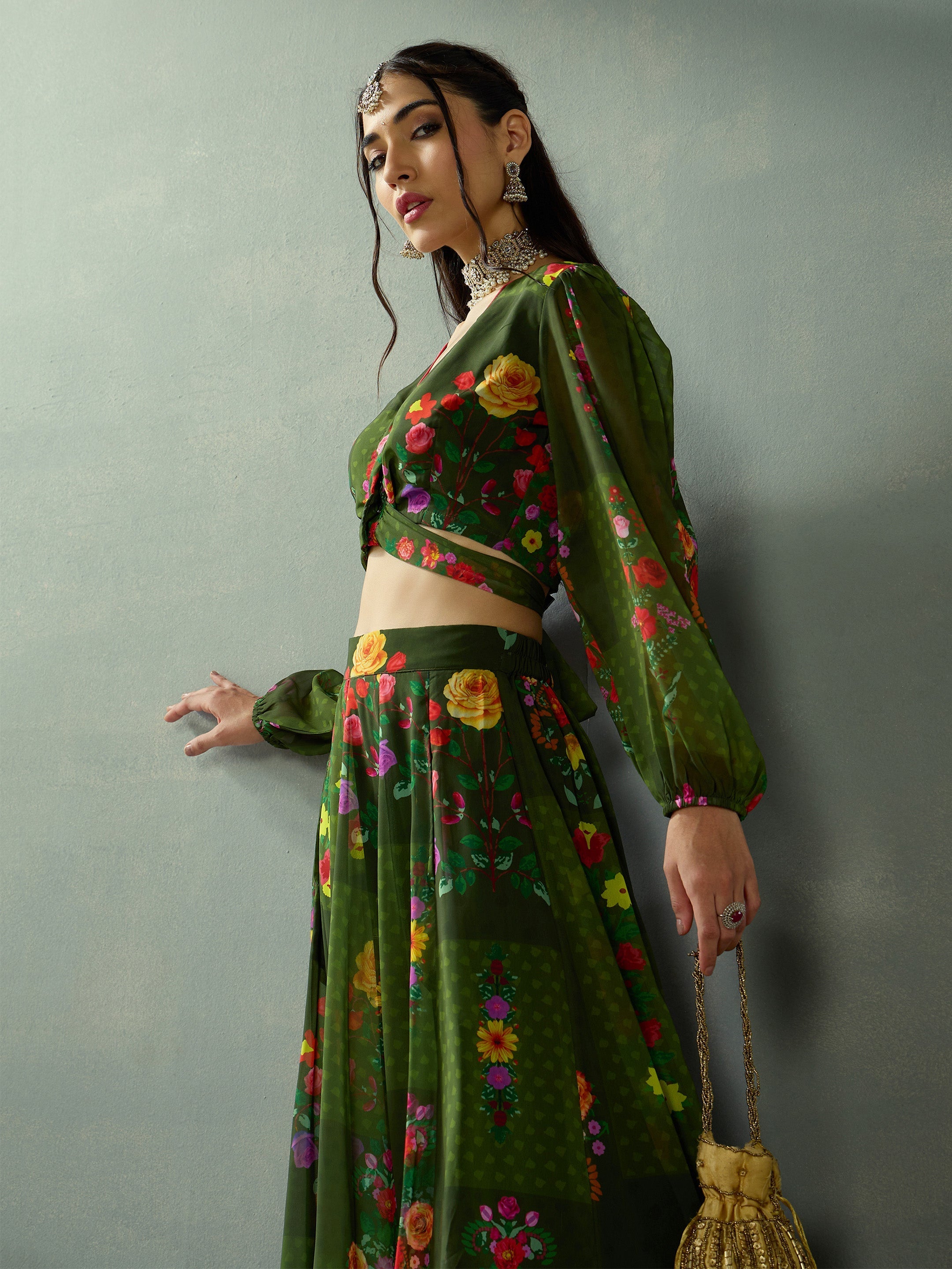 Women's Green Floral Lehenga Set - Sassafras