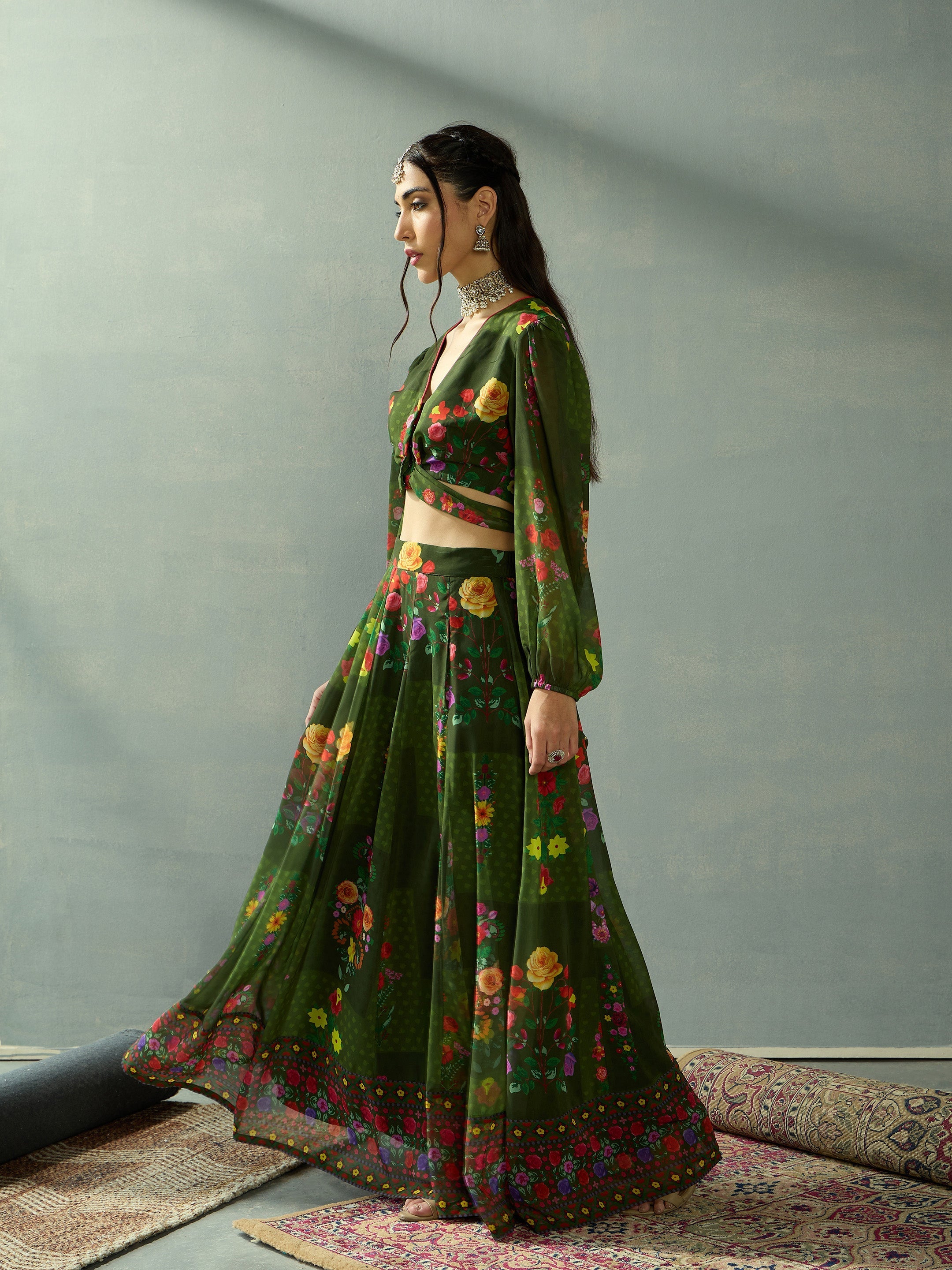 Women's Green Floral Lehenga Set - Sassafras