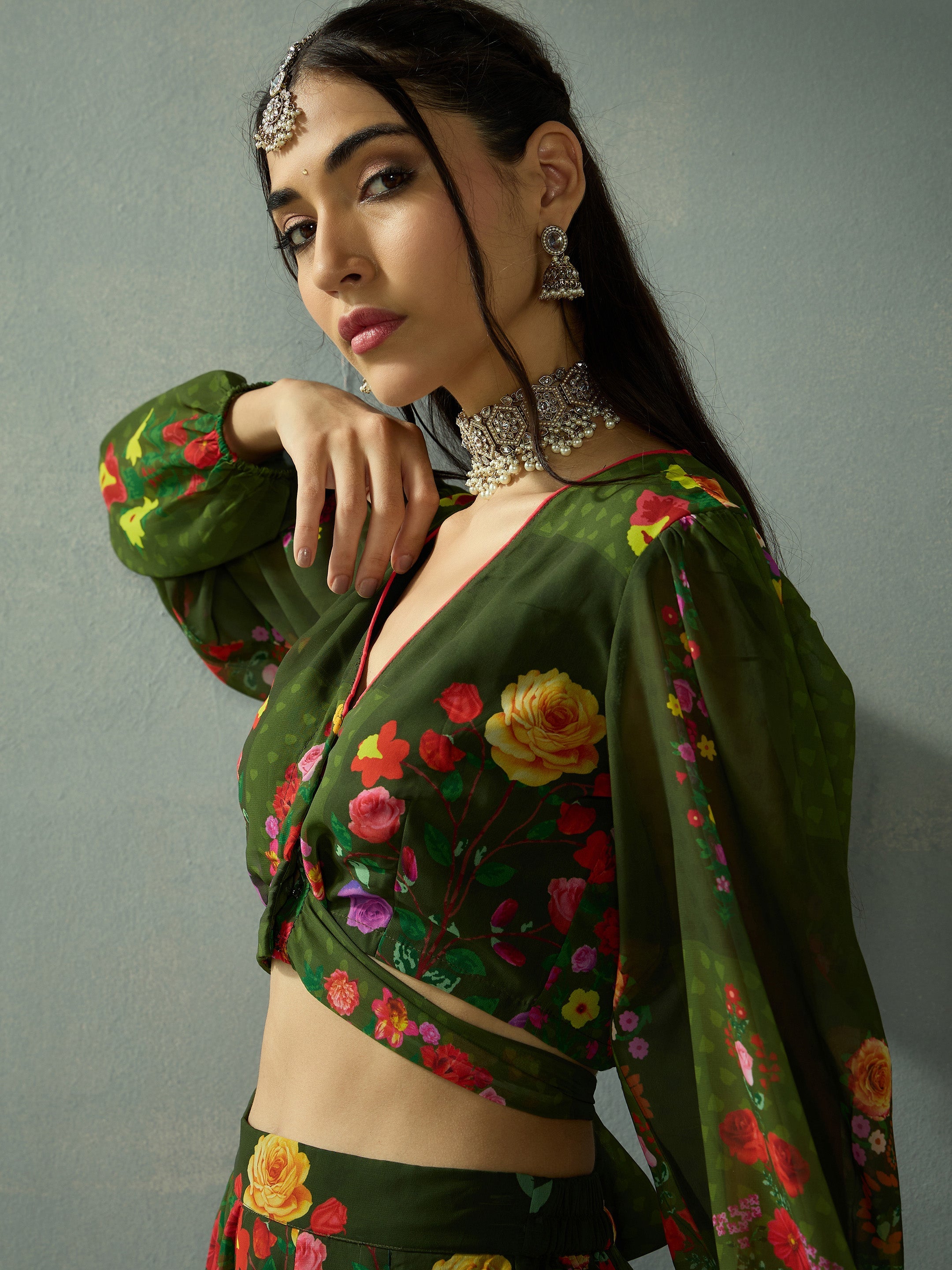 Women's Green Floral Lehenga Set - Sassafras