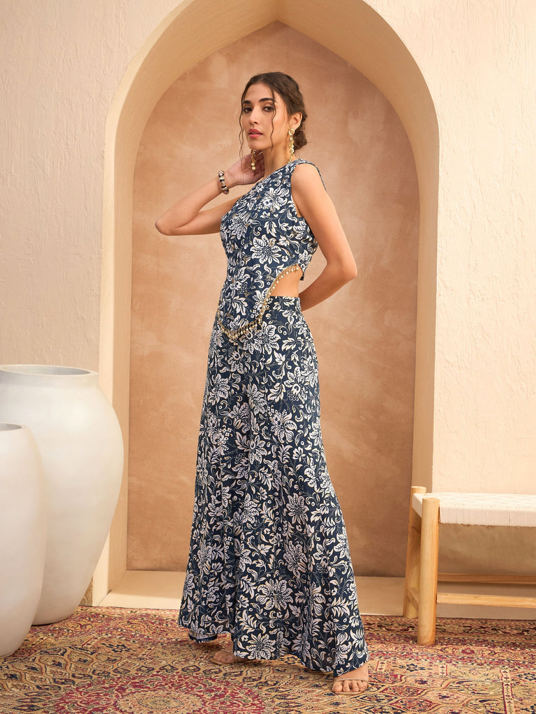 Women's Blue & White Floral Sleeveless Top With Palazz