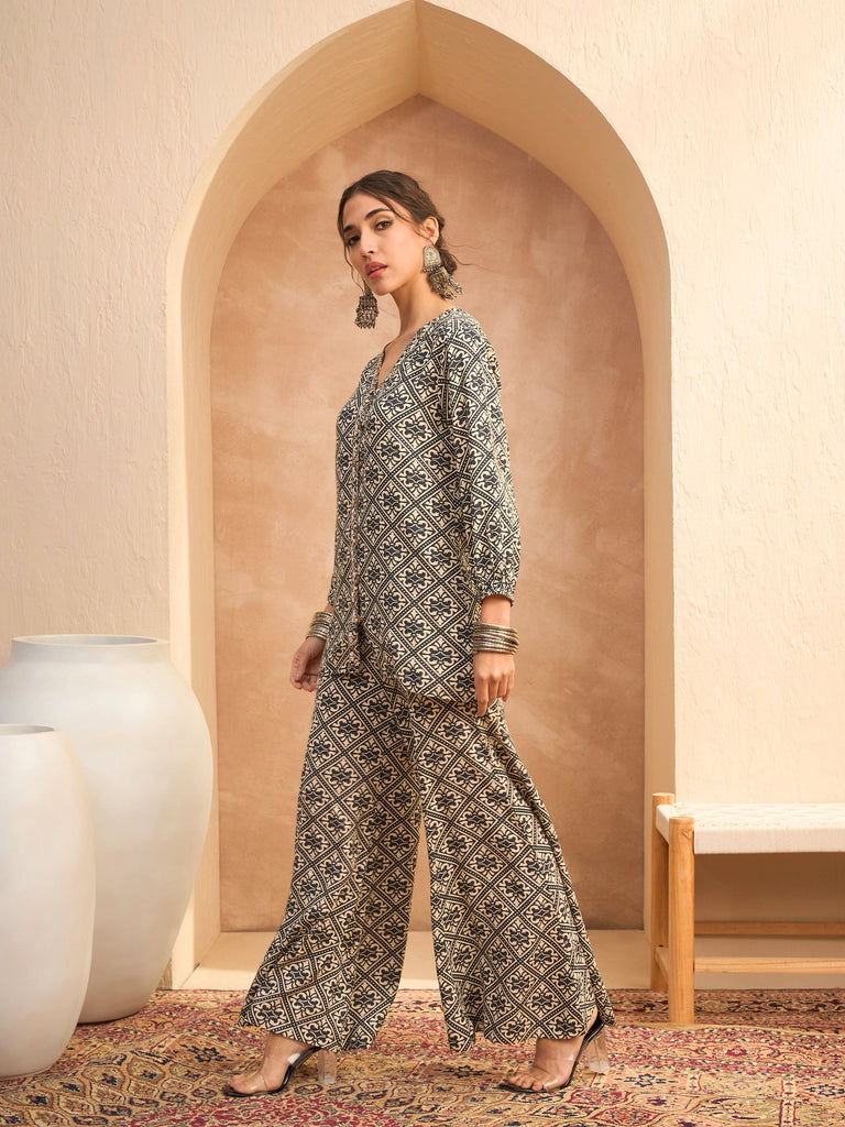 Women's Beige & Black Floral Shirt With Palazz