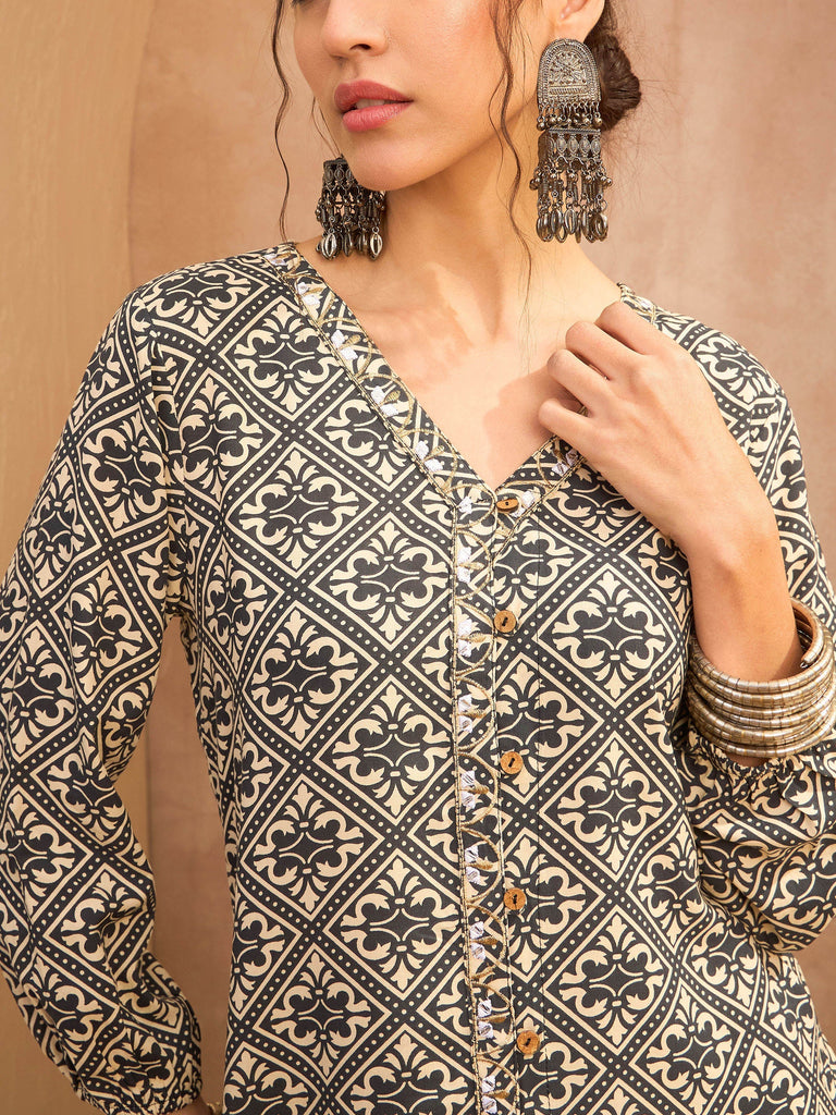 Women's Beige & Black Floral Shirt With Palazz