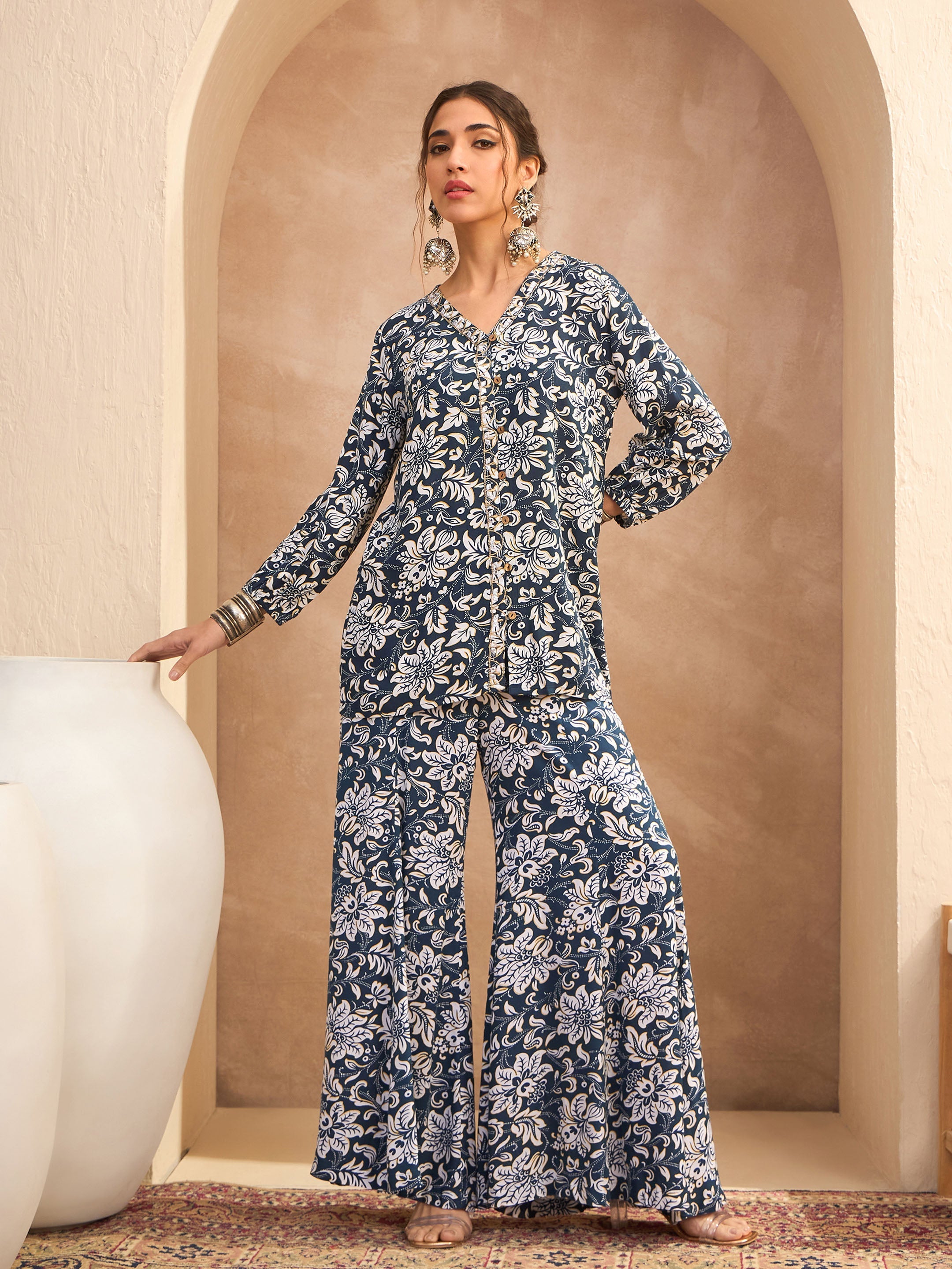 Women's Blue & White Floral Shirt With Palazzos-SHAE