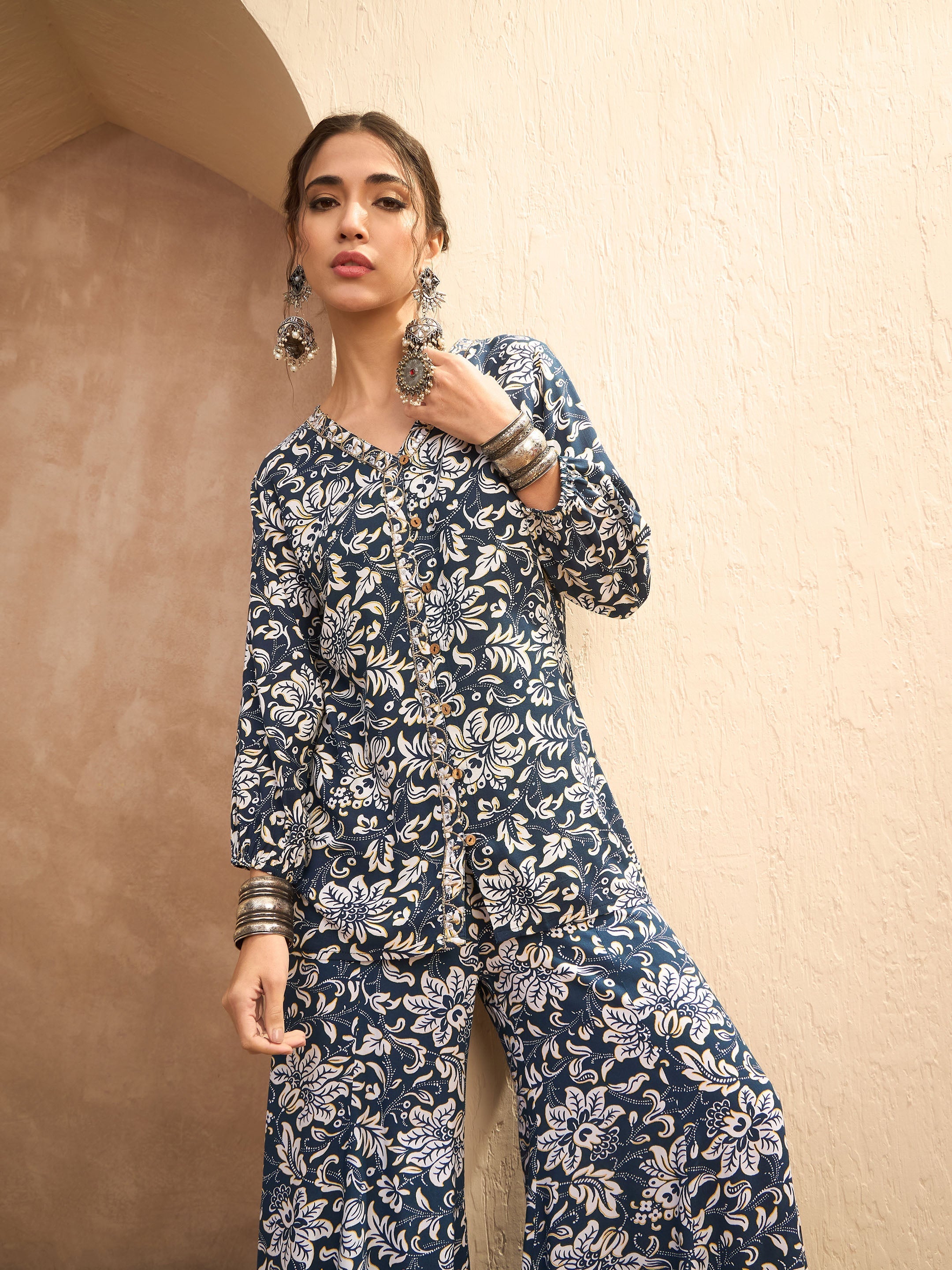 Women's Blue & White Floral Shirt With Palazzos-SHAE