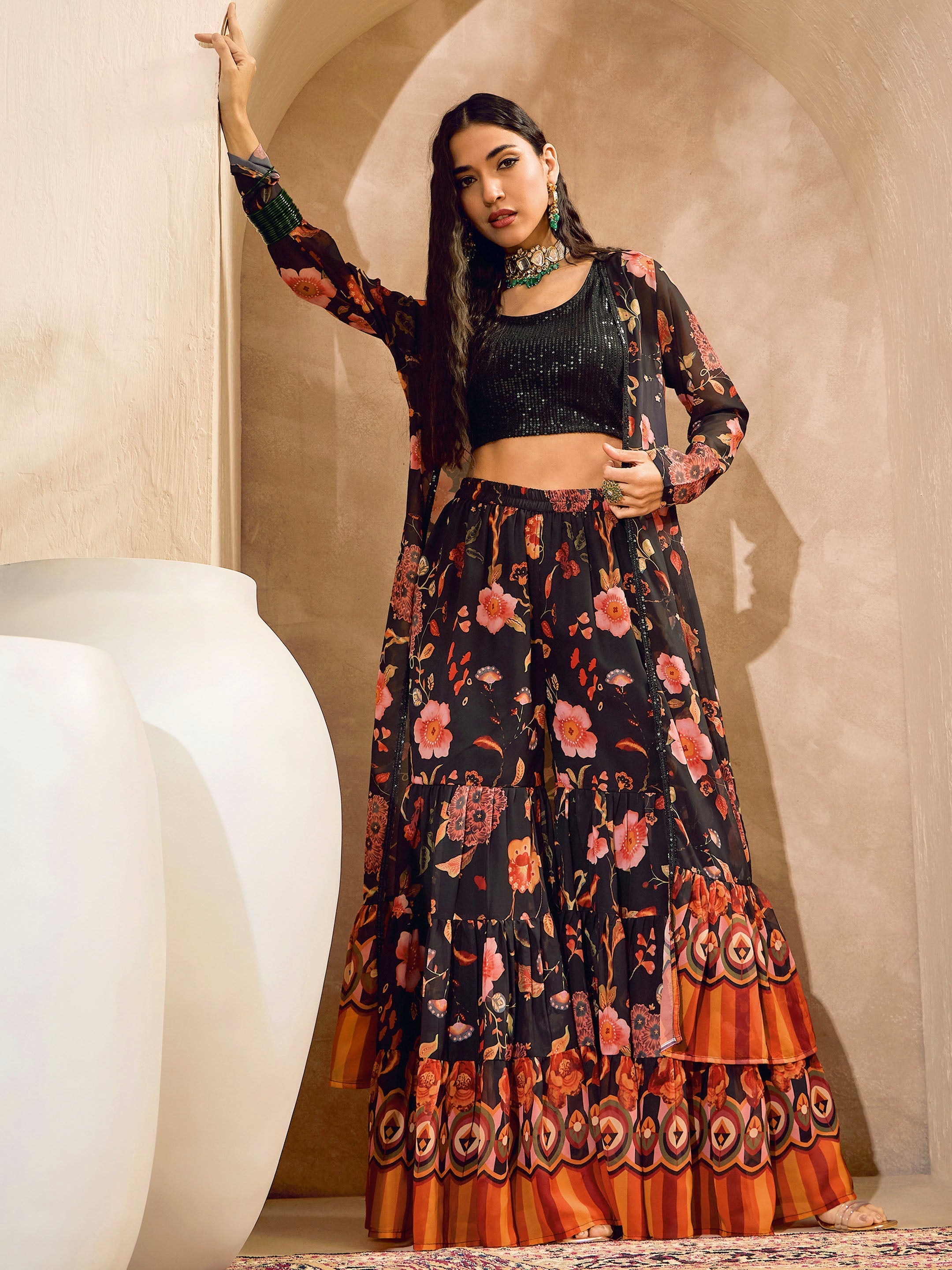 Women's Black Sequins Crop Top With Floral Sharara And Shrug-SHAE