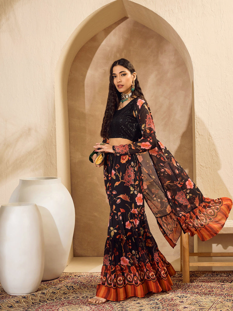 Women's Black Sequins Crop Top With Floral Sharara And Shr