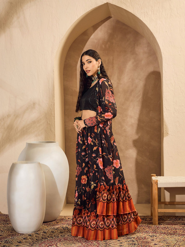 Women's Black Sequins Crop Top With Floral Sharara And Shr