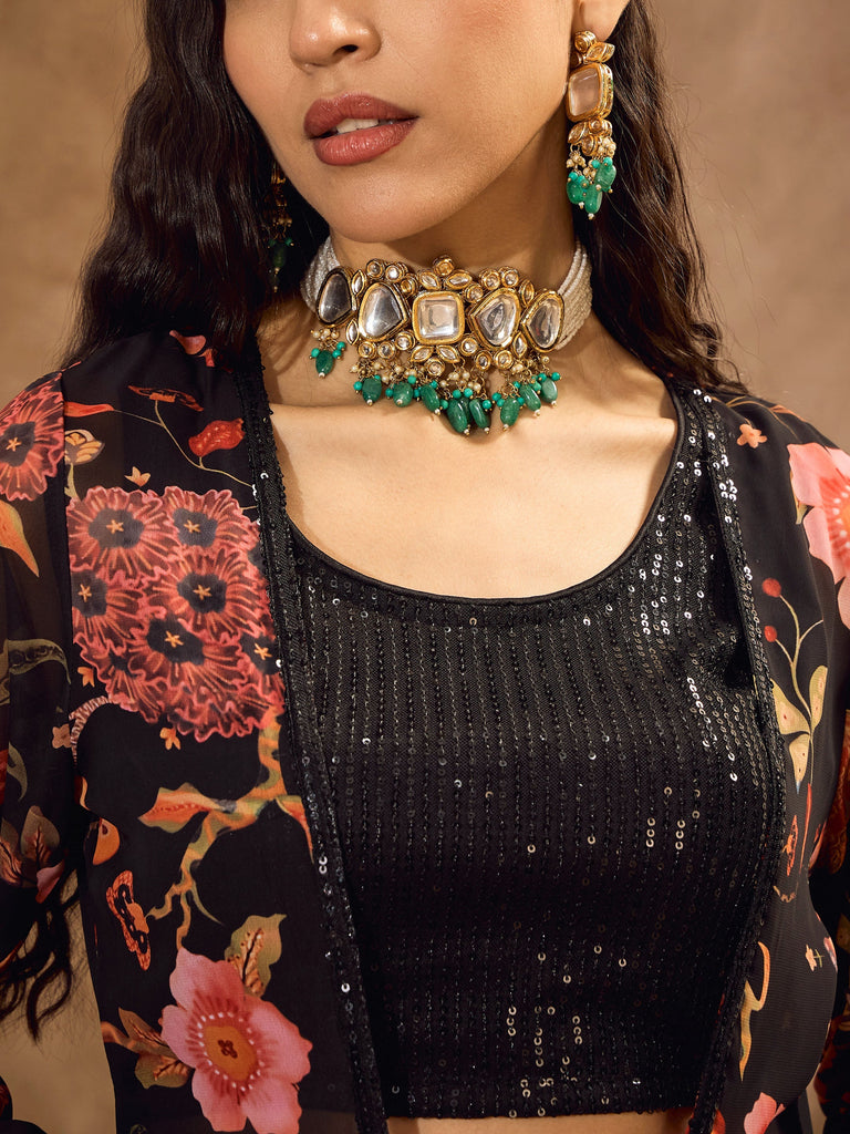 Women's Black Sequins Crop Top With Floral Sharara And Shr