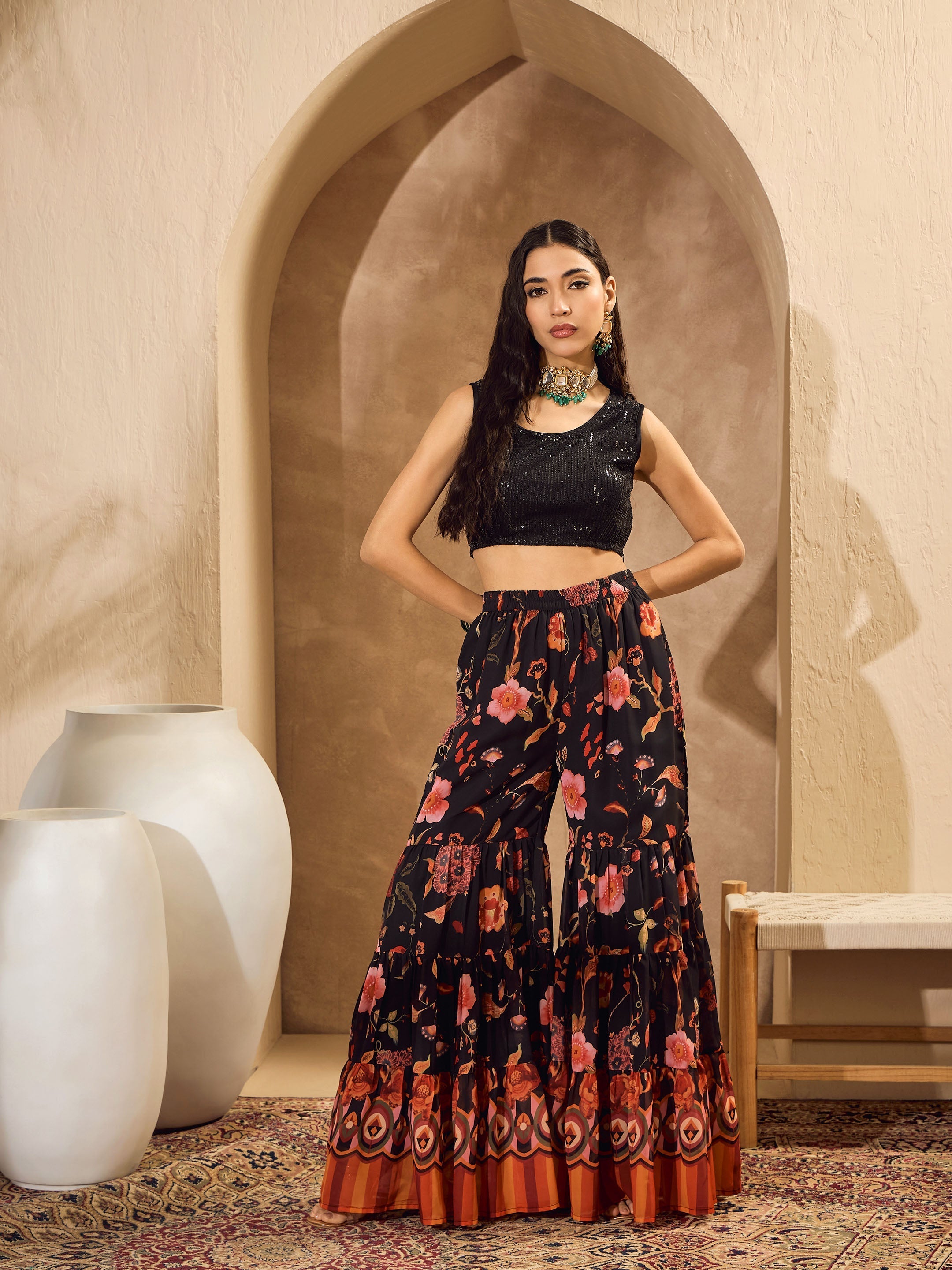 Women's Black Sequins Crop Top With Floral Sharara And Shrug-SHAE