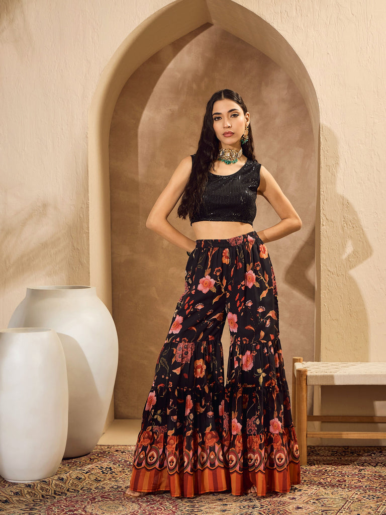 Women's Black Sequins Crop Top With Floral Sharara And Shr