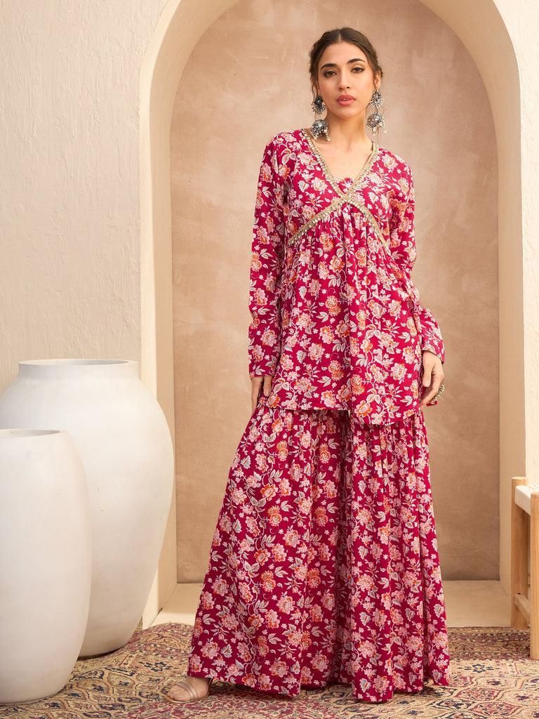 Women's Red Floral Cambric Peplum Top With Sharara Pan