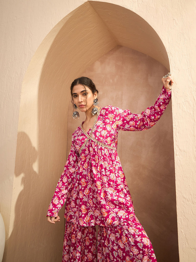 Women's Red Floral Cambric Peplum Top With Sharara Pan