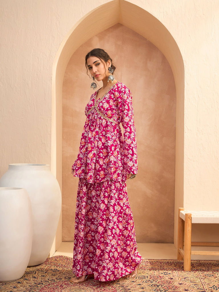 Women's Red Floral Cambric Peplum Top With Sharara Pan