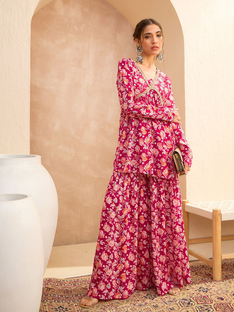 Women's Red Floral Cambric Peplum Top With Sharara Pan