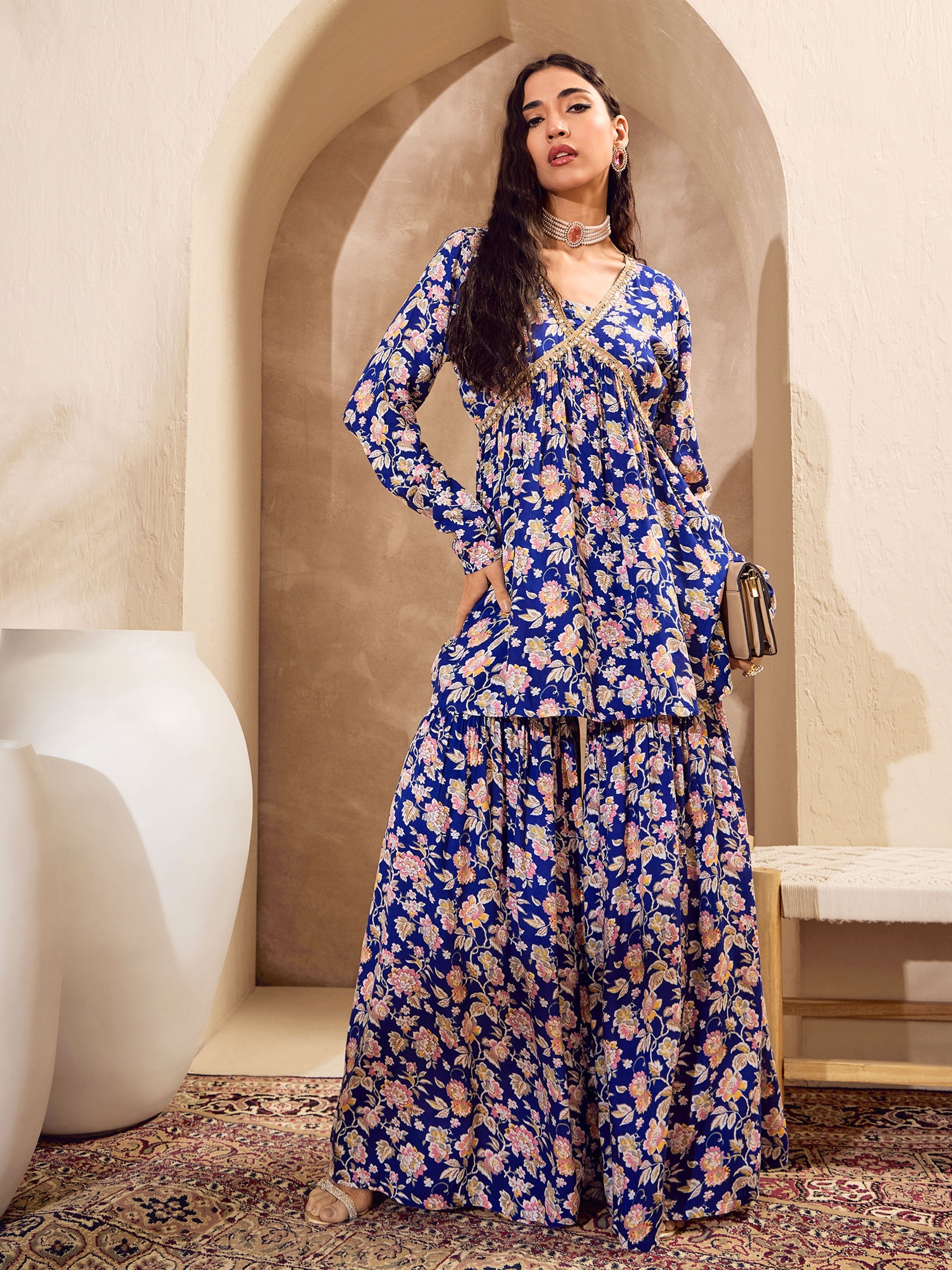 Women's Blue Floral Cambric Peplum Top With Sharara Pants-SHAE