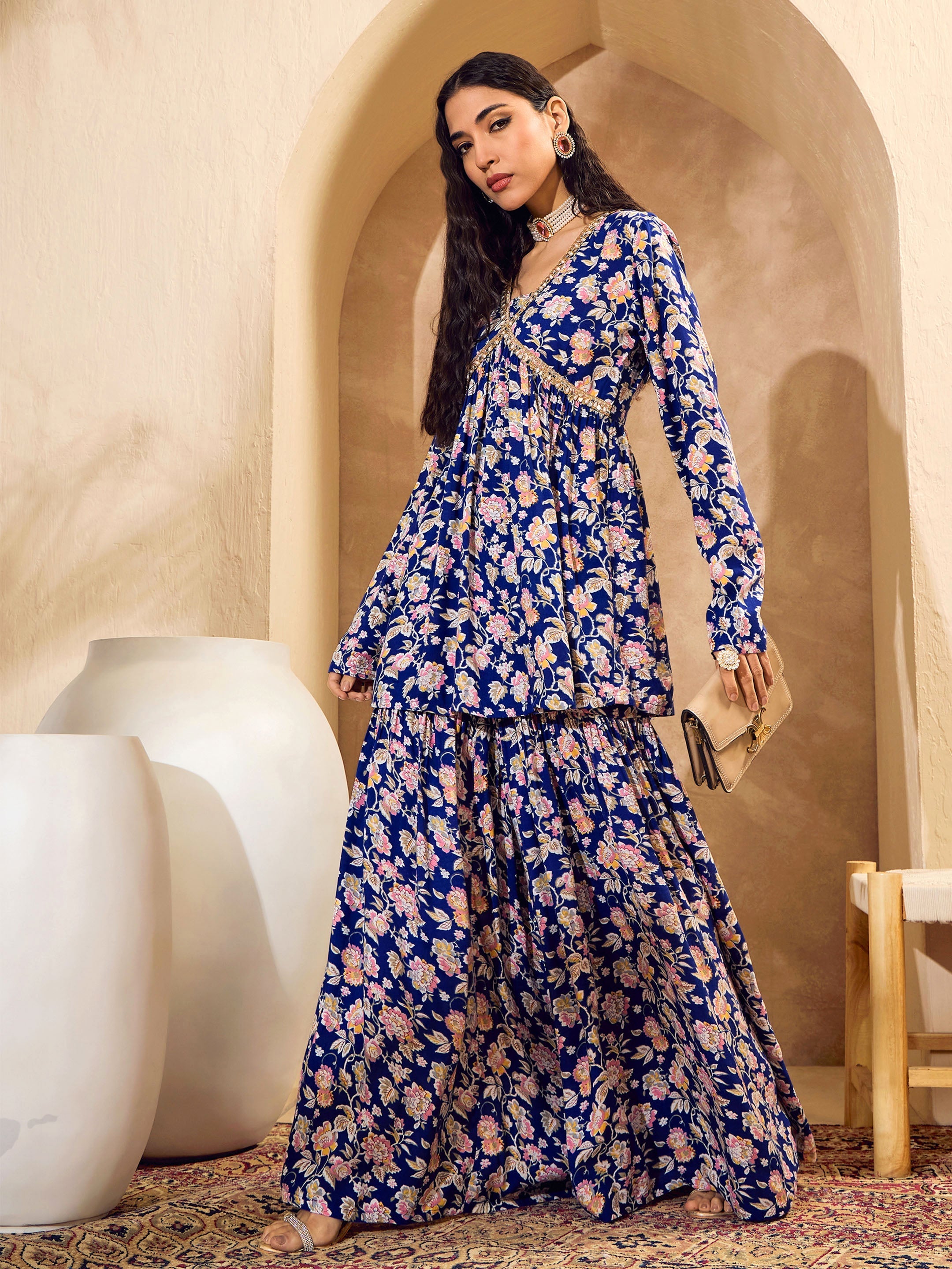 Women's Blue Floral Cambric Peplum Top With Sharara Pants-SHAE