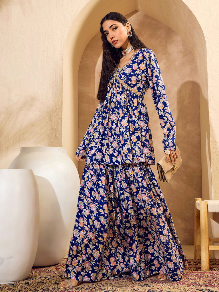 Women's Blue Floral Cambric Peplum Top With Sharara Pan