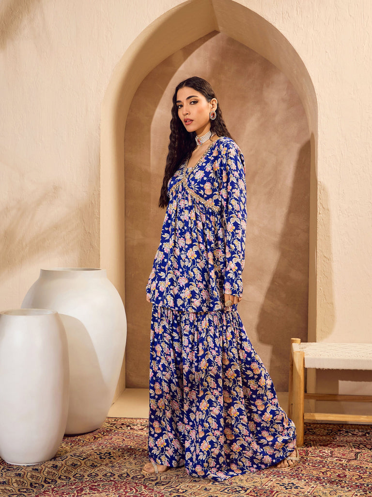 Women's Blue Floral Cambric Peplum Top With Sharara Pan