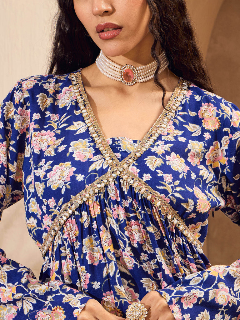 Women's Blue Floral Cambric Peplum Top With Sharara Pan