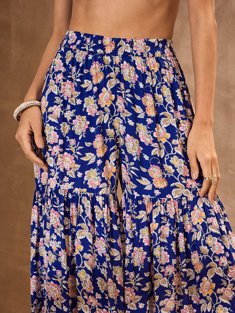 Women's Blue Floral Cambric Peplum Top With Sharara Pan