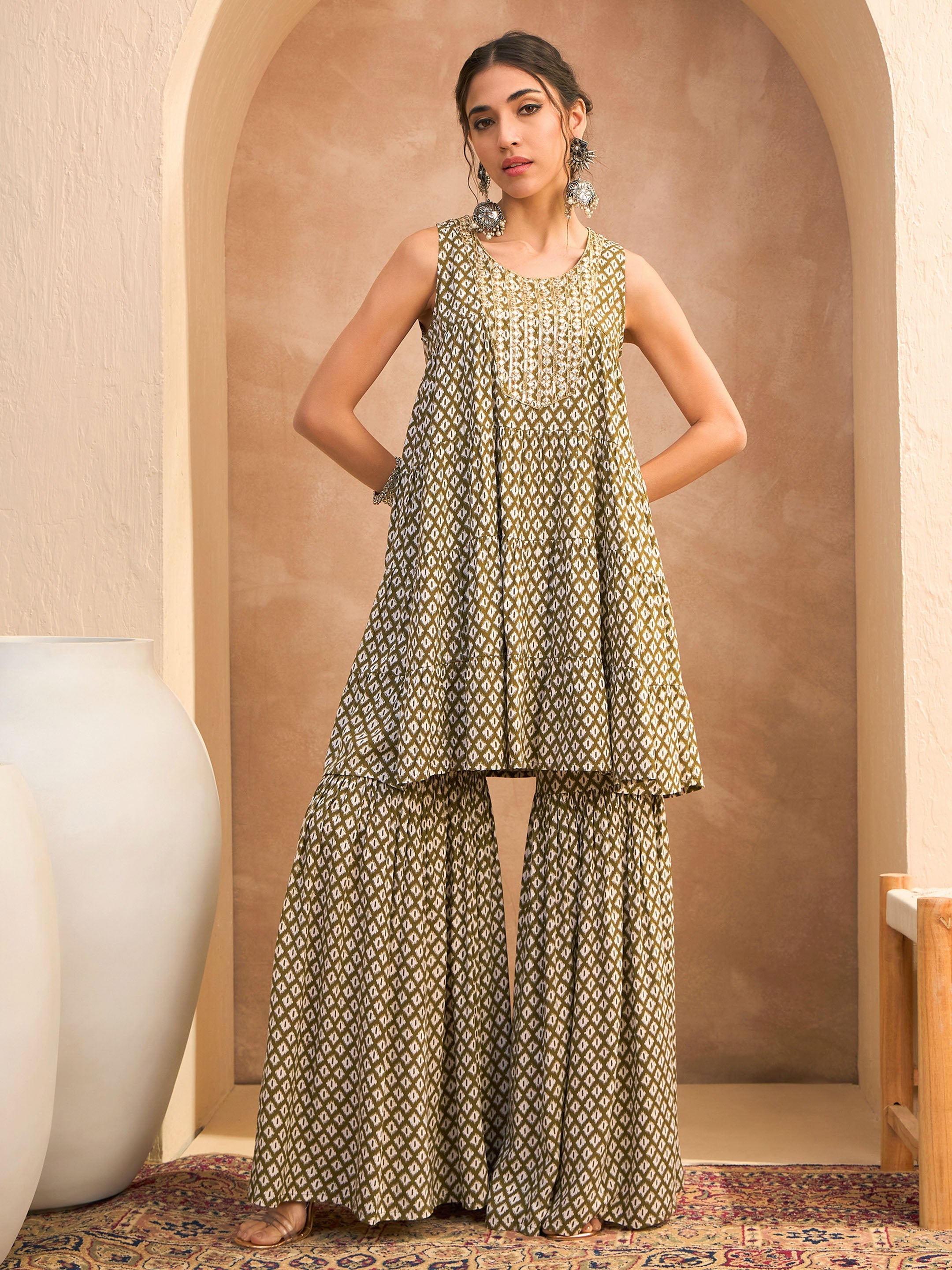 Women's Olive Printed Embroidered Kurta With Sharara-SHAE