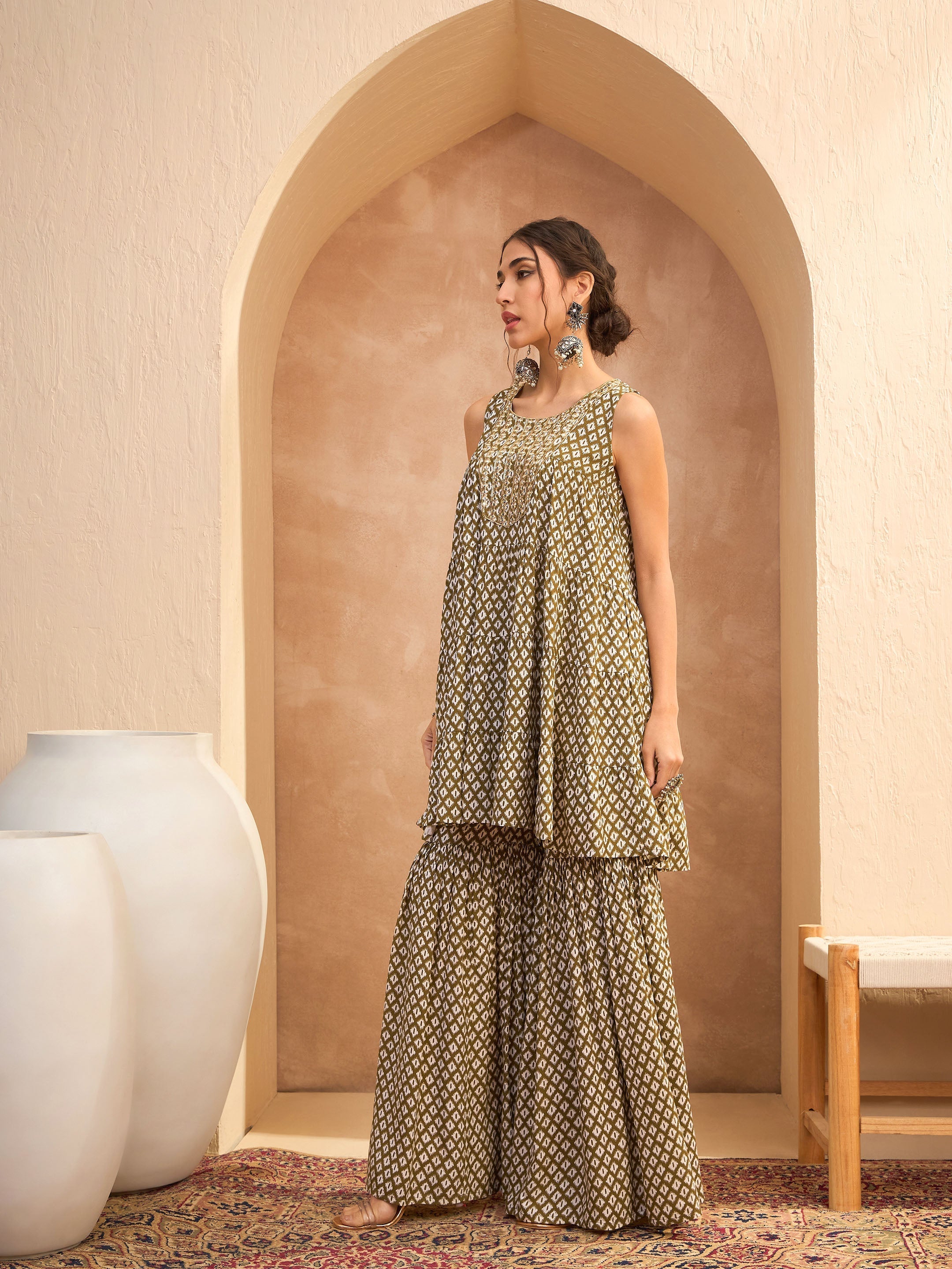 Women's Olive Printed Embroidered Kurta With Sharara-SHAE