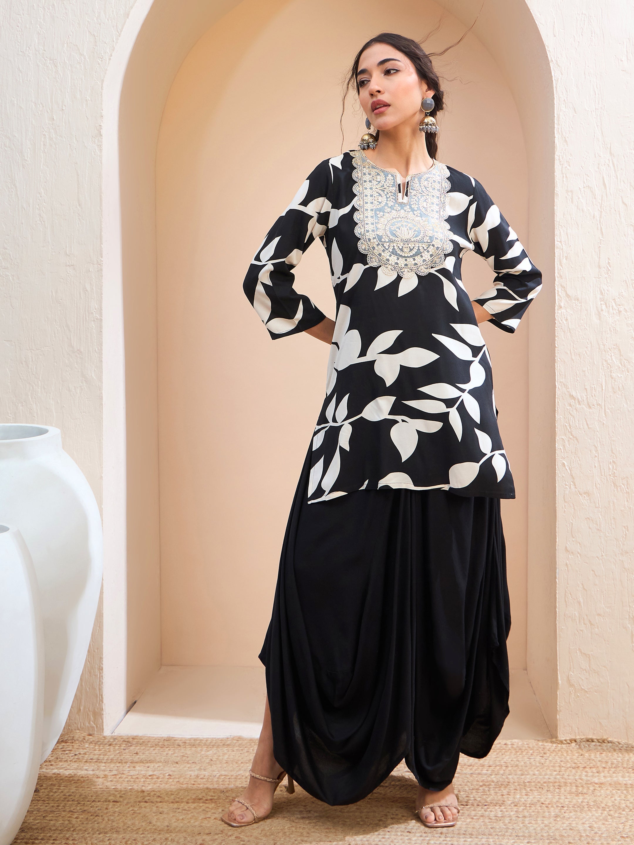 Women's Black Floral Embroidered Kurta With Dhoti Skirt-SHAE