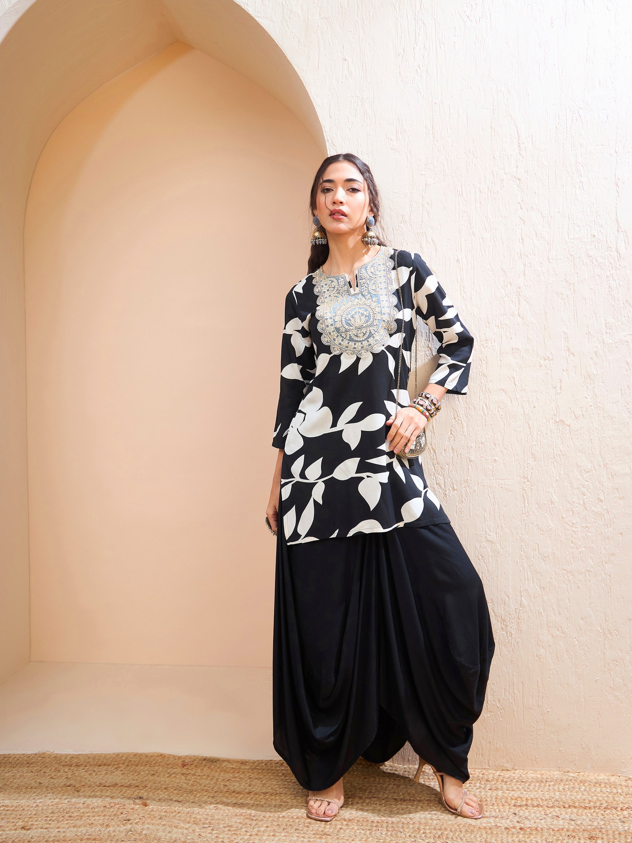 Women's Black Floral Embroidered Kurta With Dhoti Skirt-SHAE