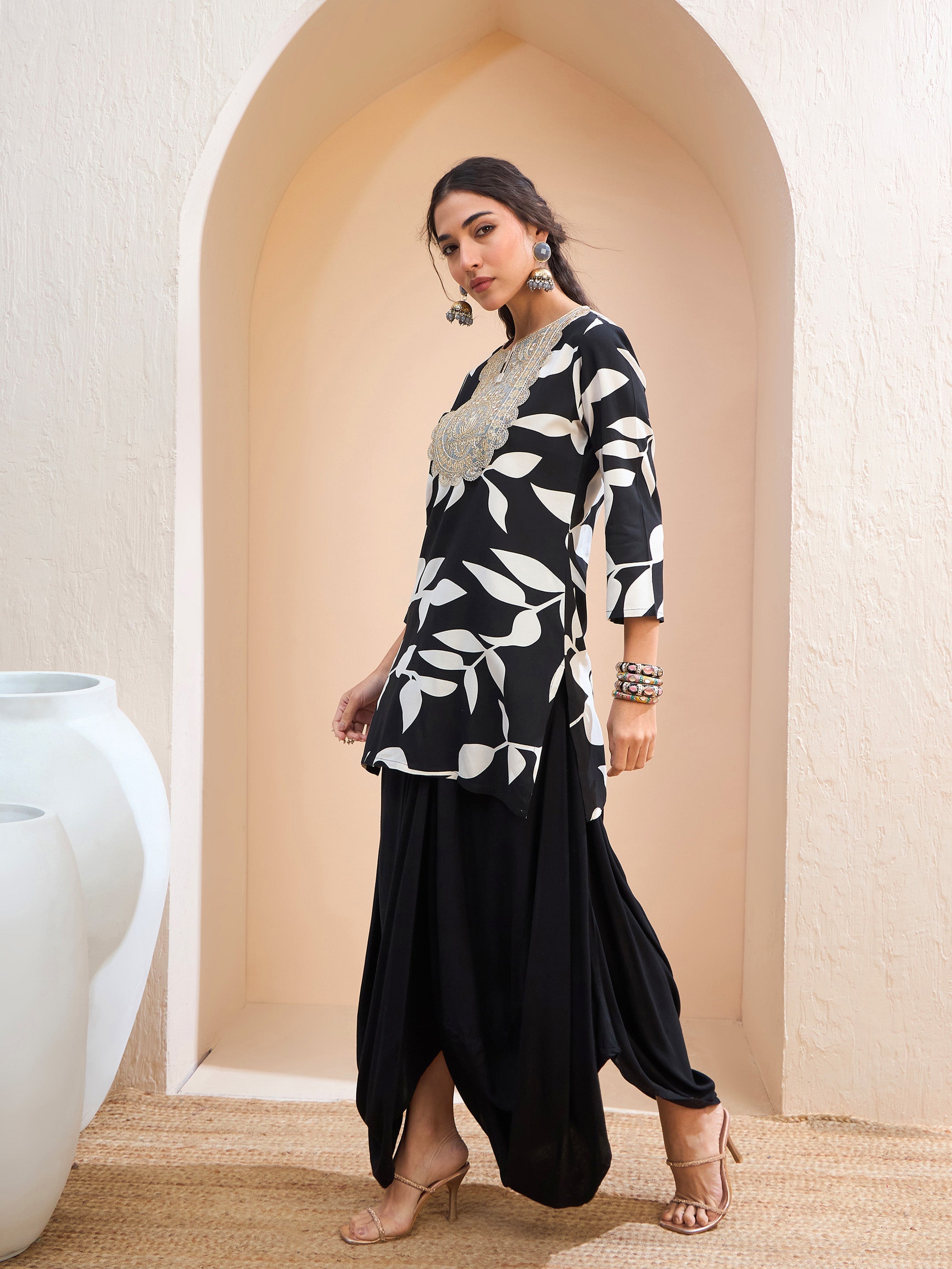 Women's Black Floral Embroidered Kurta With Dhoti Skirt-SHAE