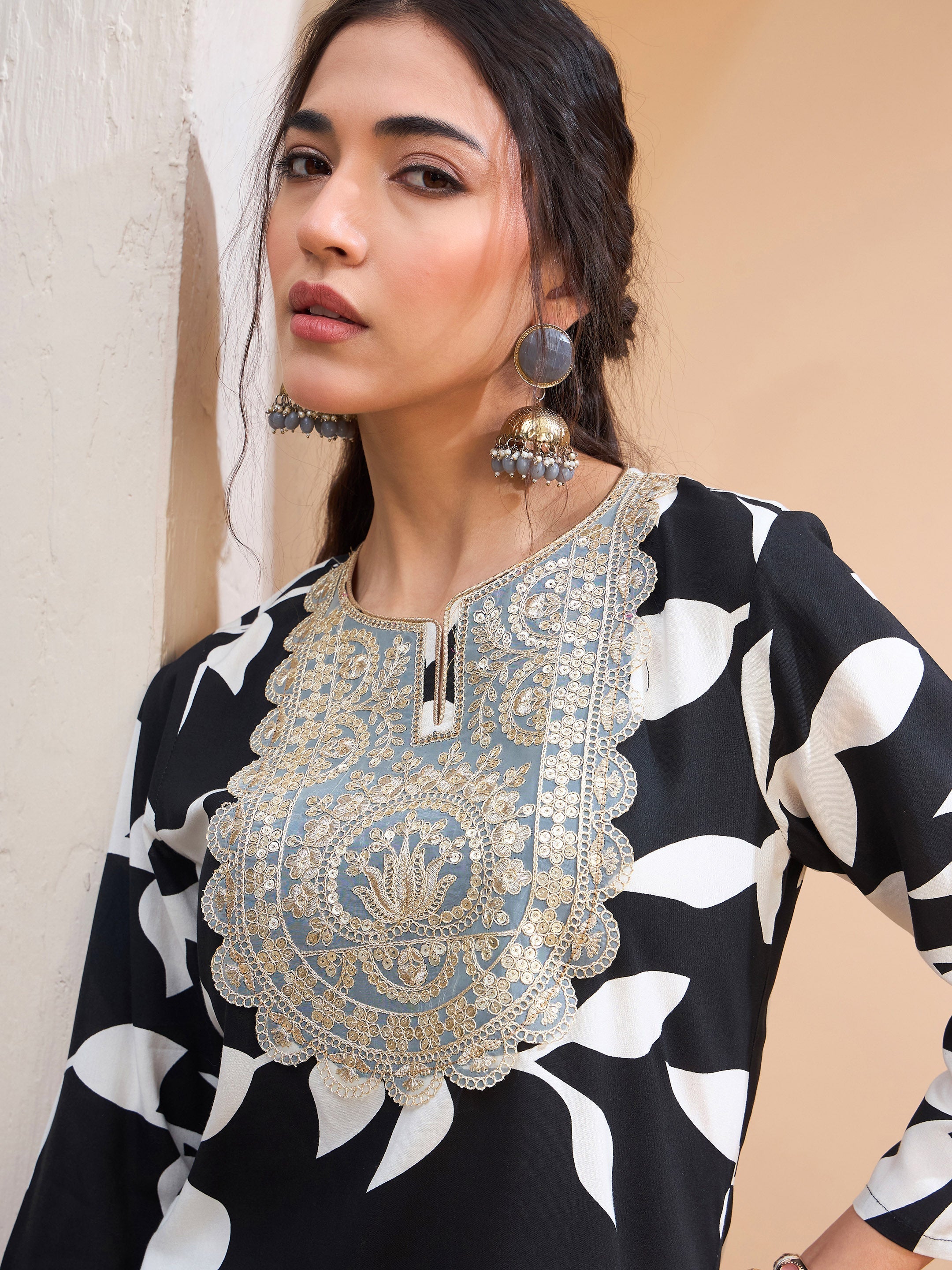 Women's Black Floral Embroidered Kurta With Dhoti Skirt-SHAE