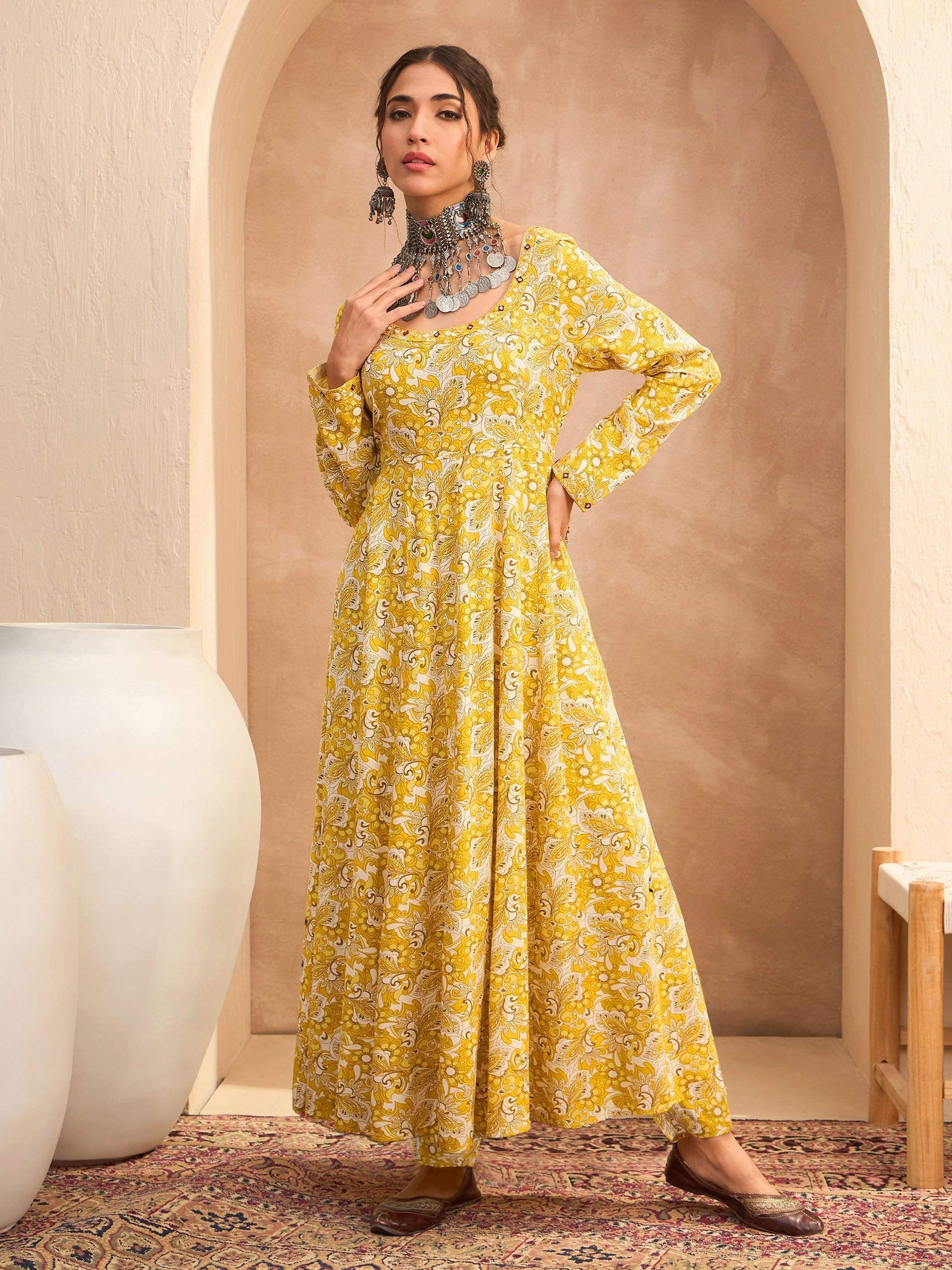 Women's Yellow Floral Anarkali Kurta With Pencil Pants-SHAE