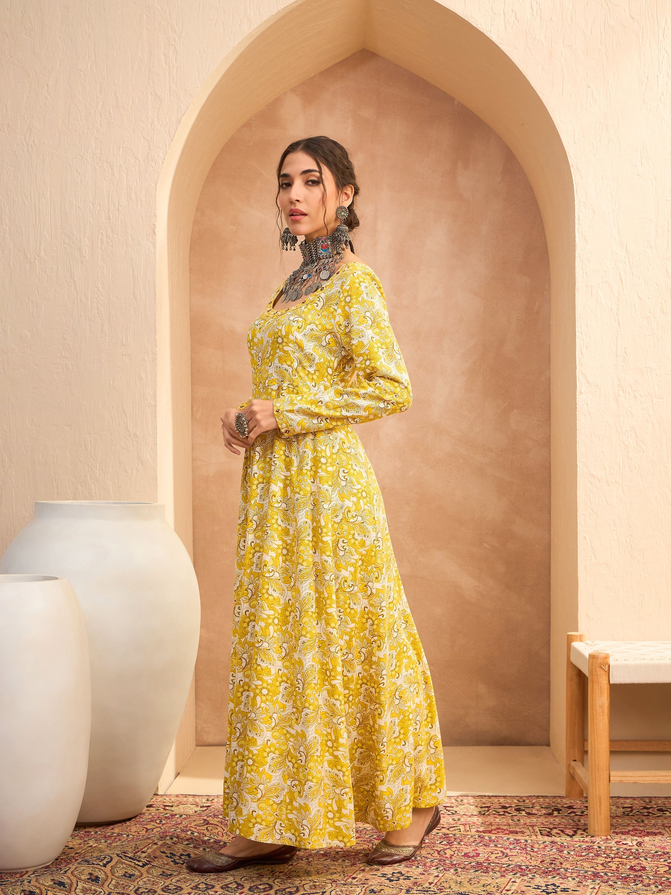 Women's Yellow Floral Anarkali Kurta With Pencil Pants-SHAE