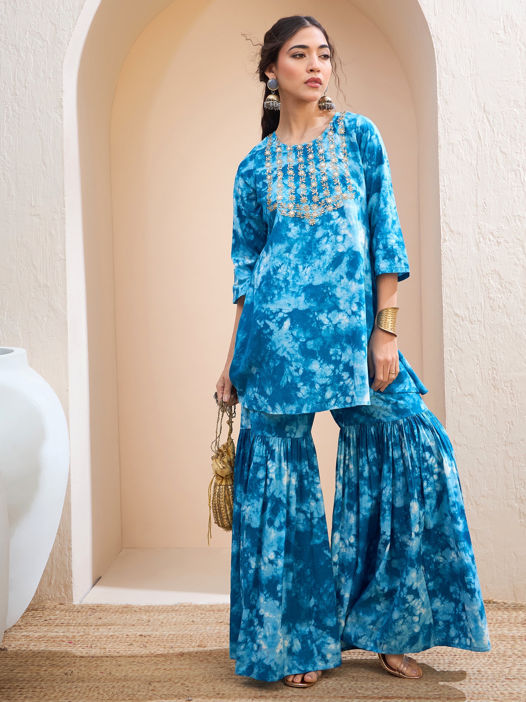 Women's Blue Tie & Dye Short Kurta With Sharara Pants-SHAE