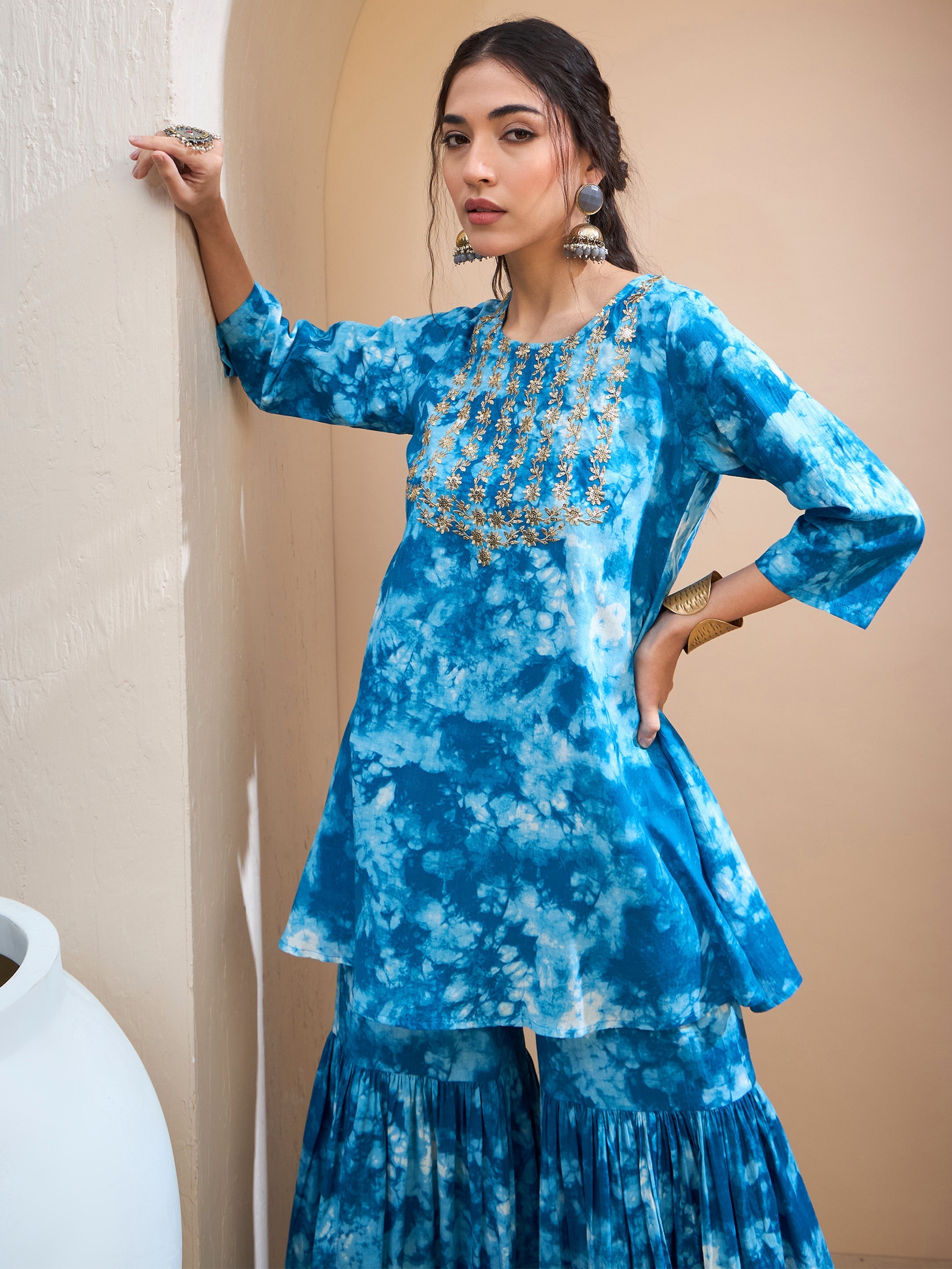 Women's Blue Tie & Dye Short Kurta With Sharara Pants-SHAE