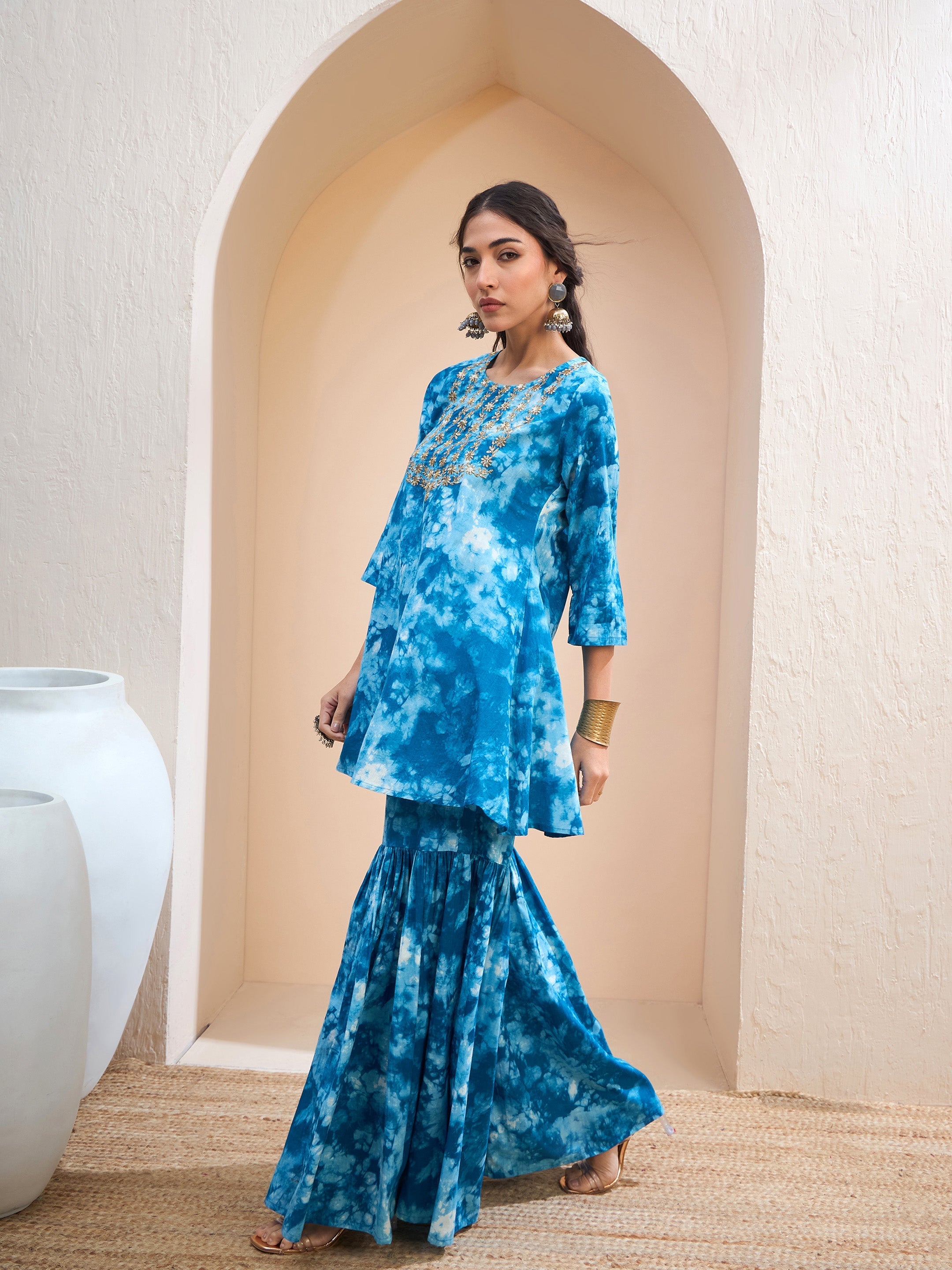 Women's Blue Tie & Dye Short Kurta With Sharara Pants-SHAE