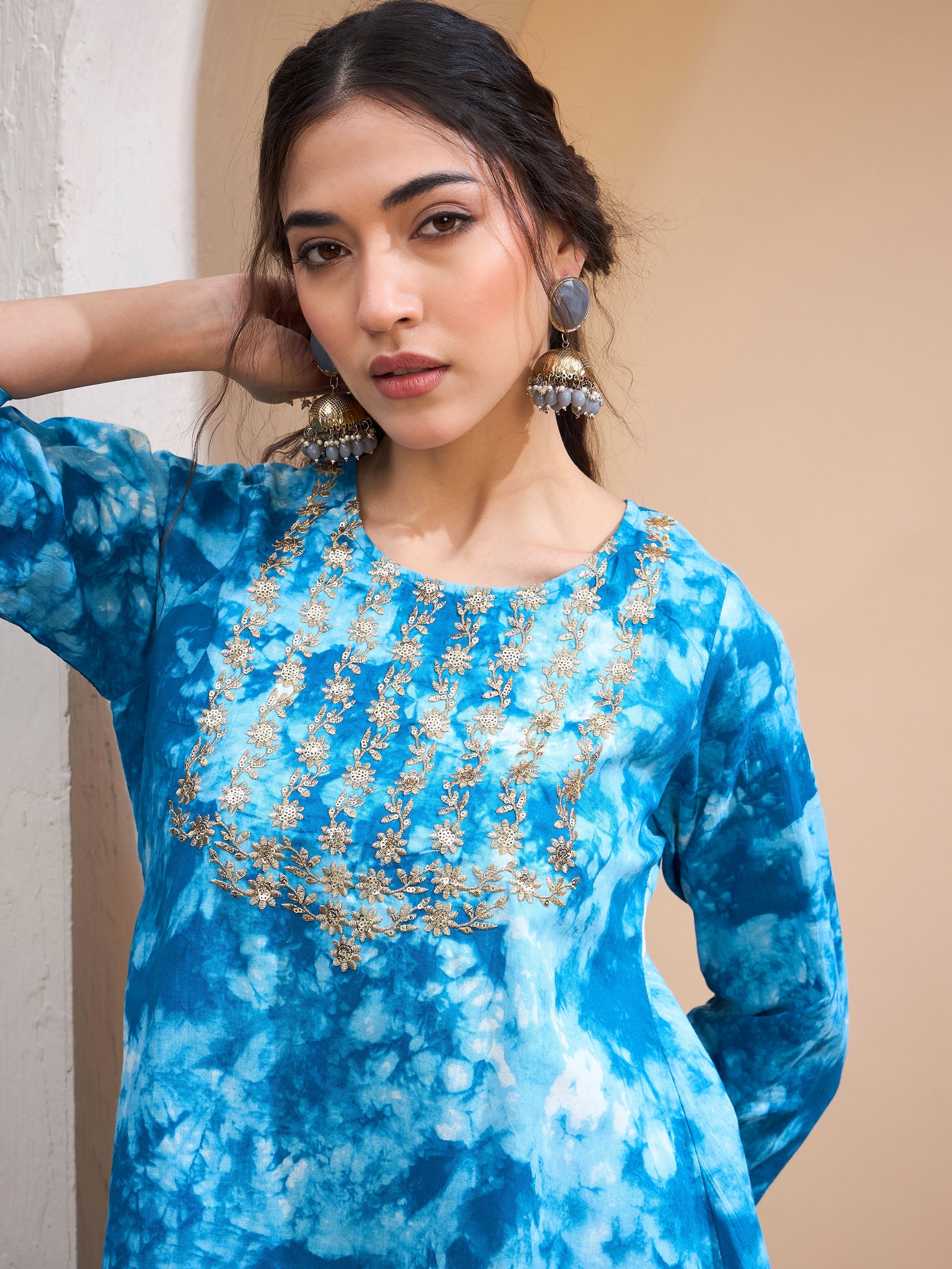 Women's Blue Tie & Dye Short Kurta With Sharara Pants-SHAE