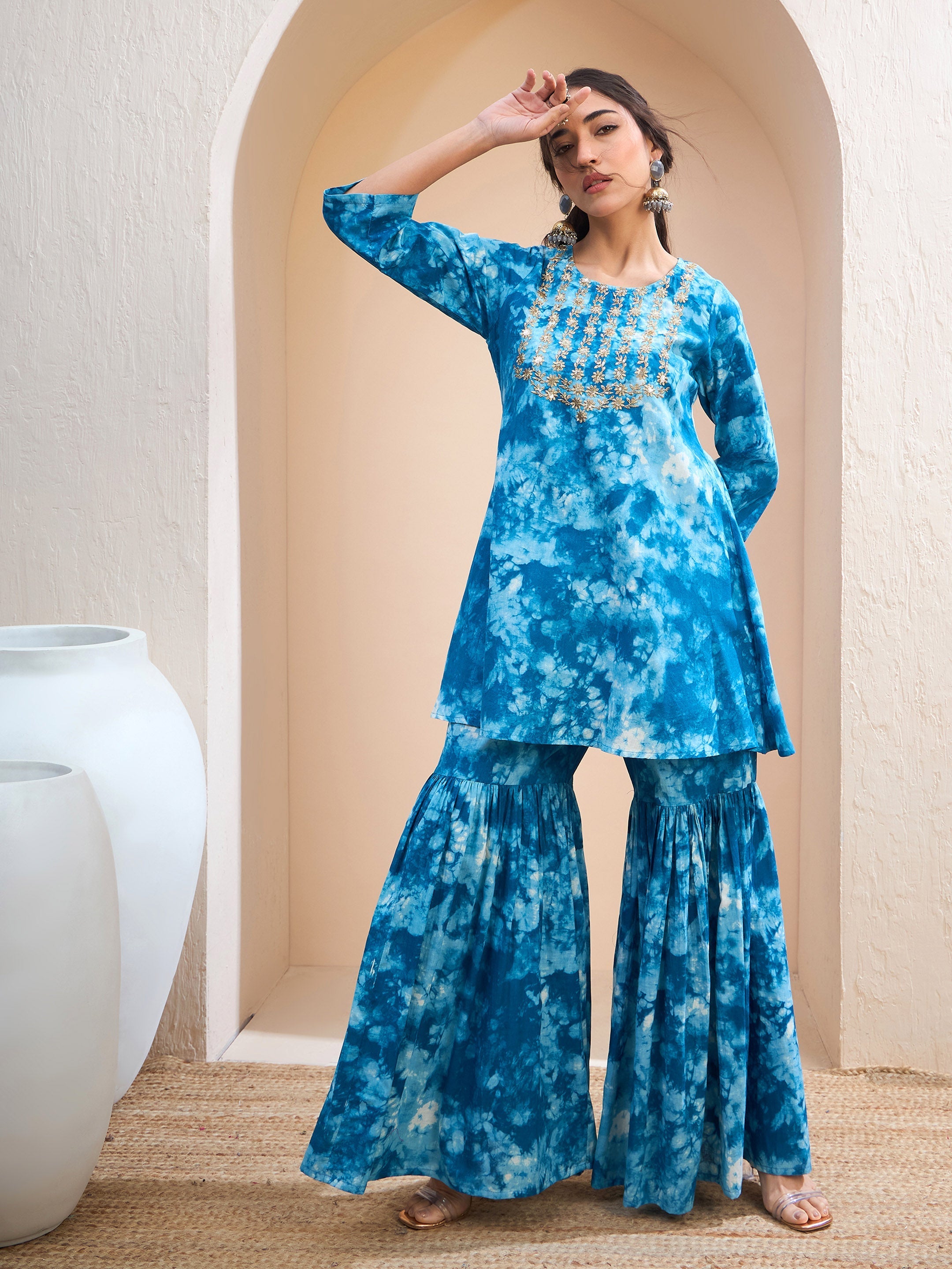 Women's Blue Tie & Dye Short Kurta With Sharara Pants-SHAE