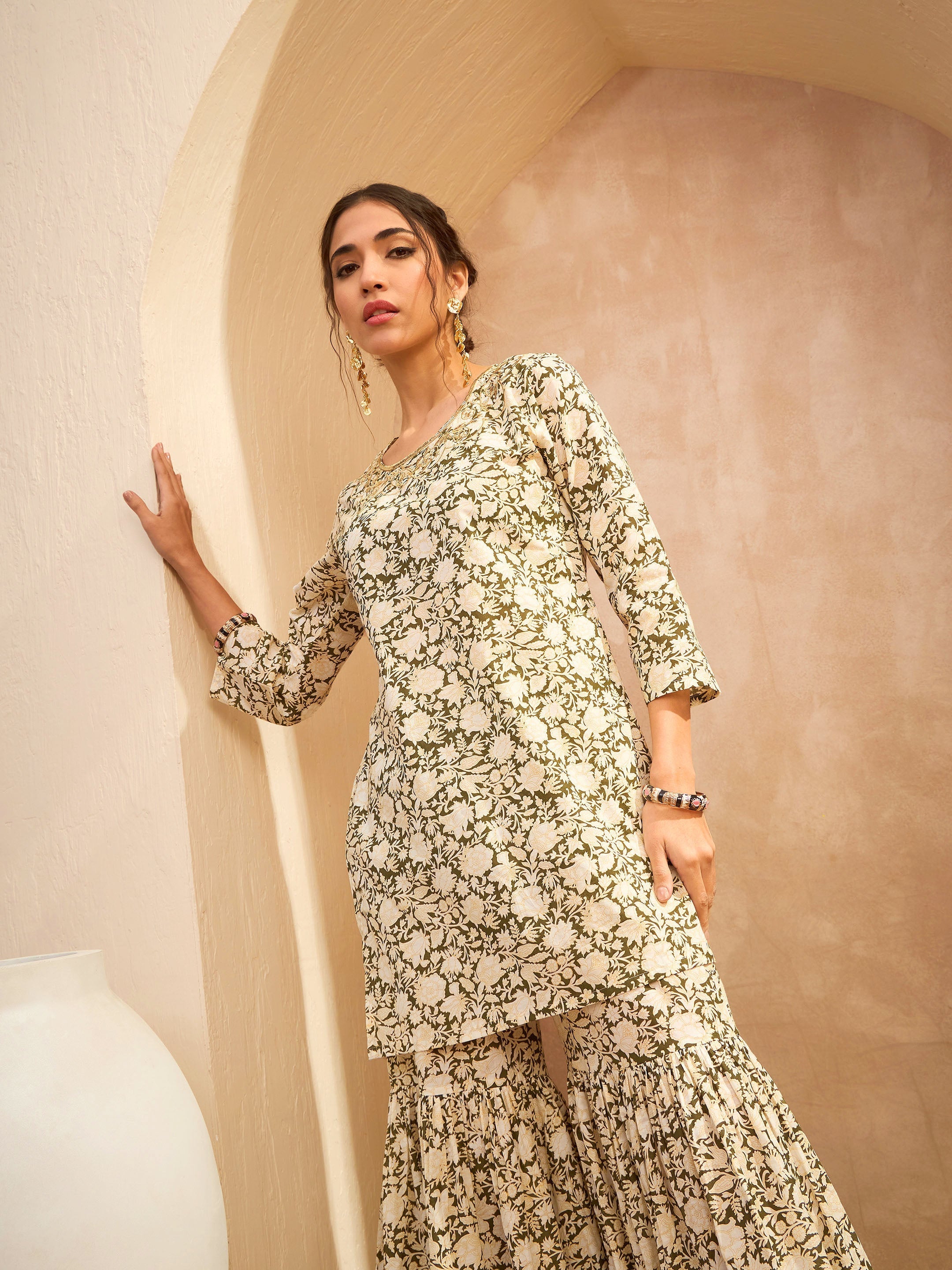 Women's Olive Floral Embroidered Kurta With Sharara Pants-SHAE