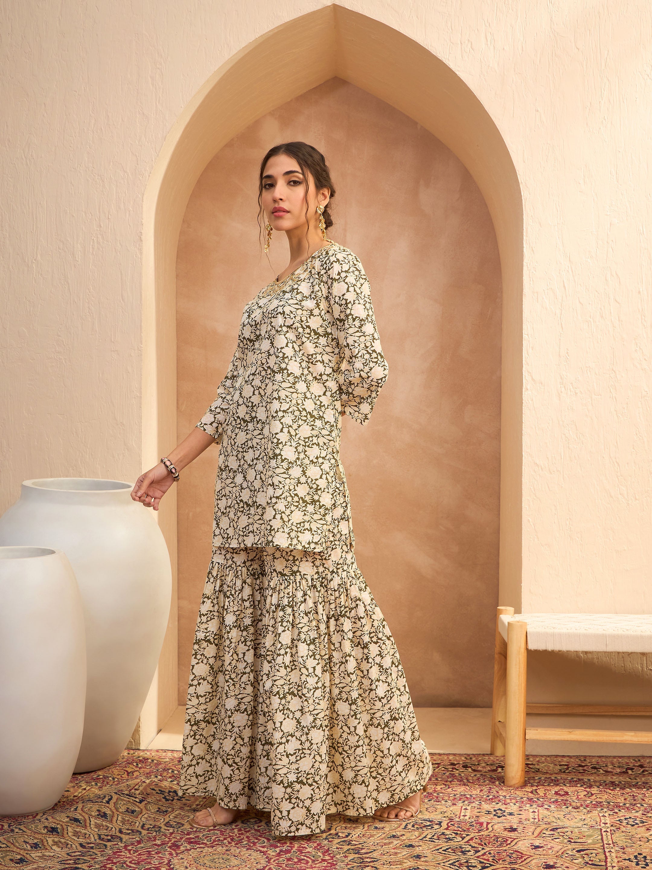 Women's Olive Floral Embroidered Kurta With Sharara Pants-SHAE