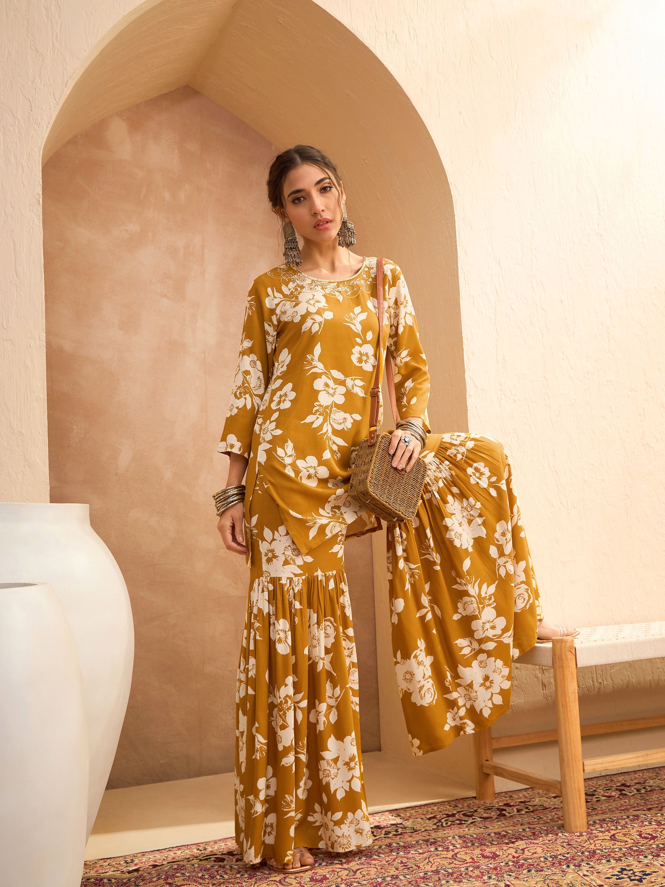 Women's Mustard Floral Embroidered Kurta With Sharara Pants-SHAE