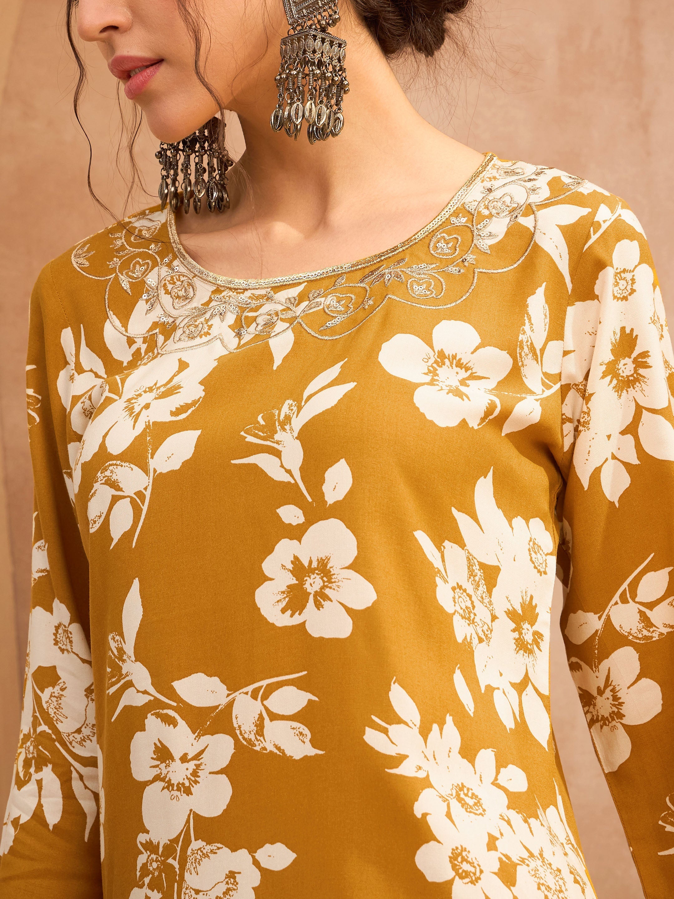 Women's Mustard Floral Embroidered Kurta With Sharara Pants-SHAE