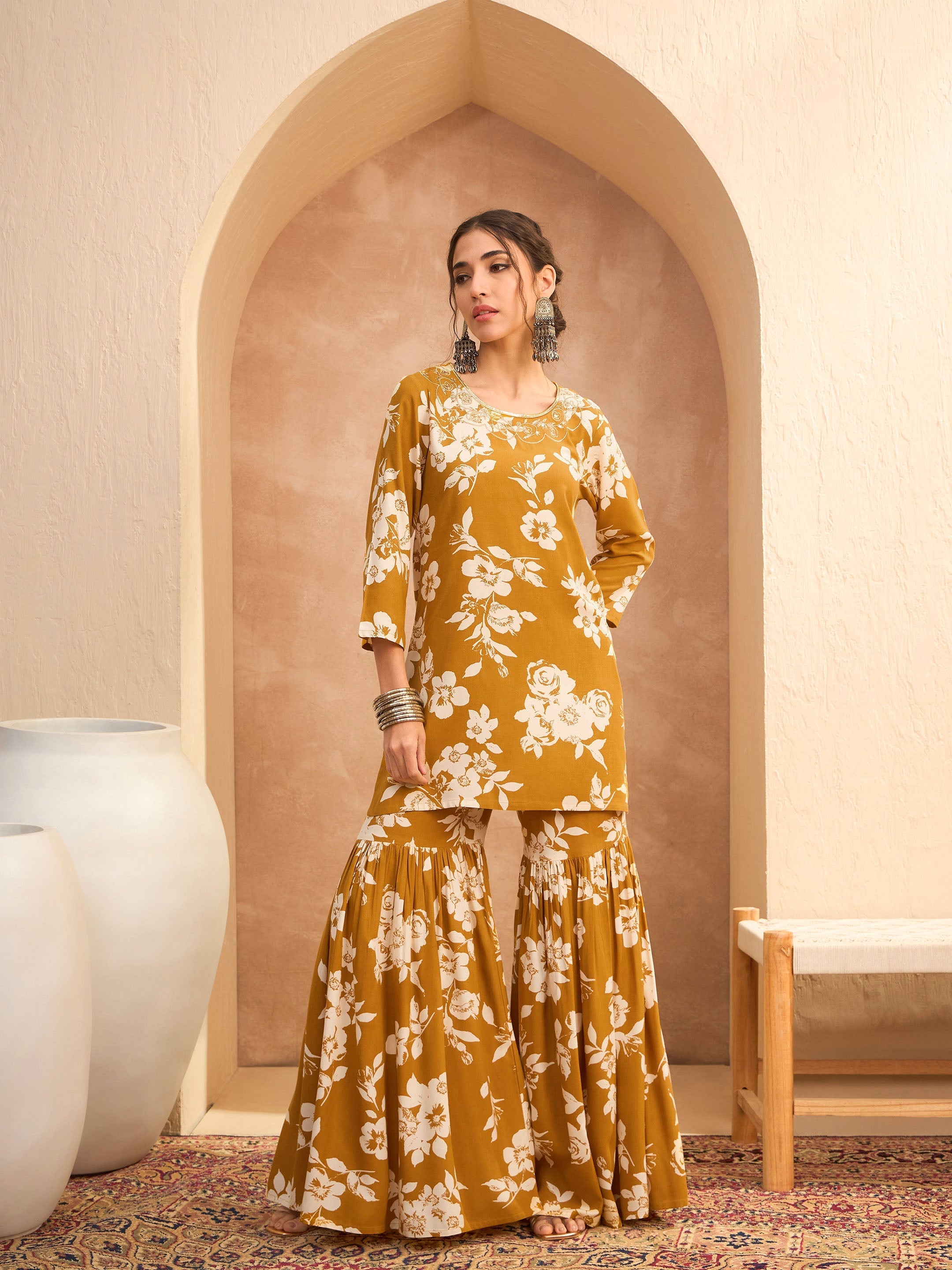 Women's Mustard Floral Embroidered Kurta With Sharara Pants-SHAE