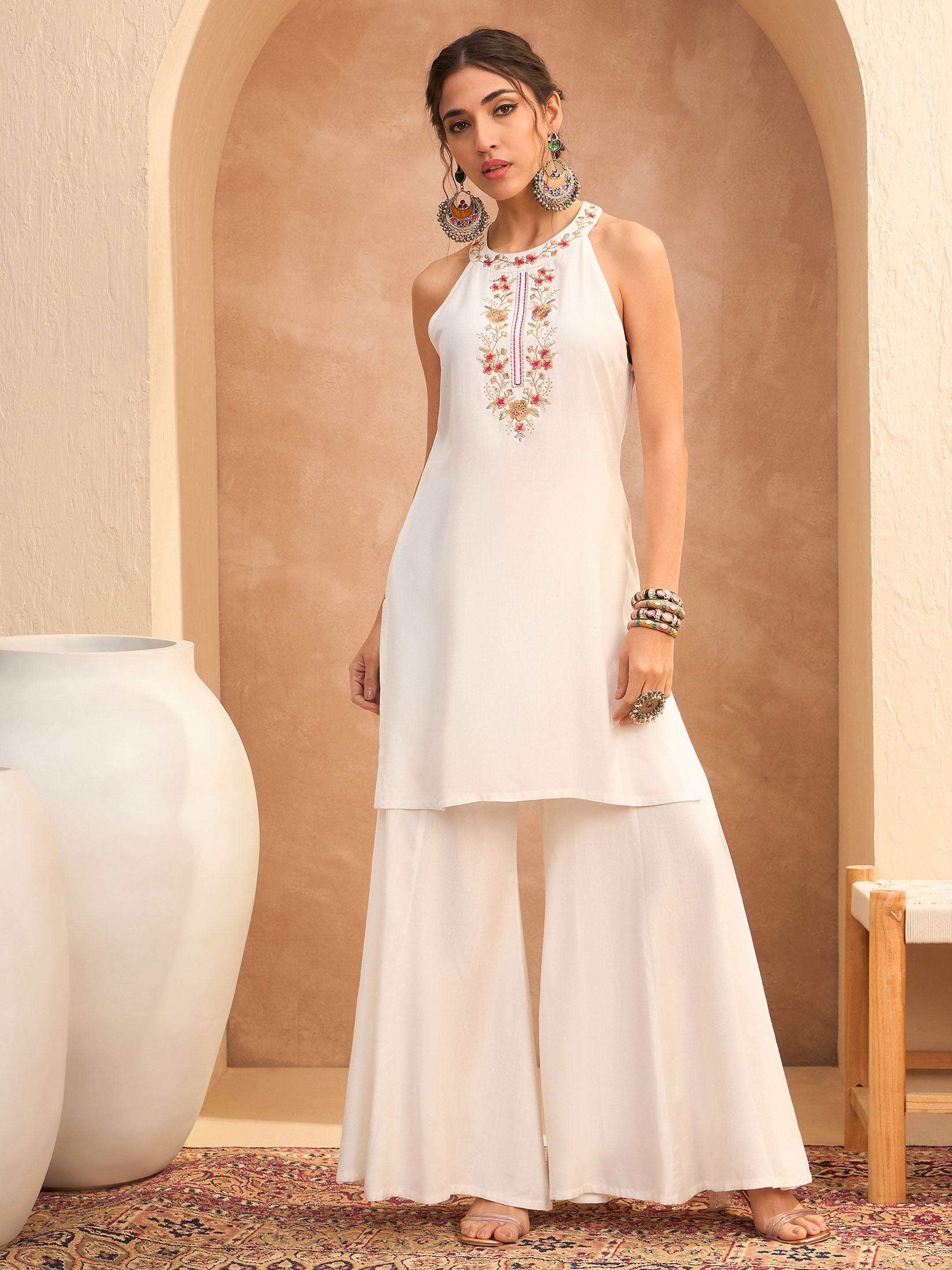 Women's White Embroidered Halter Kurta With Palazzo Pants-SHAE