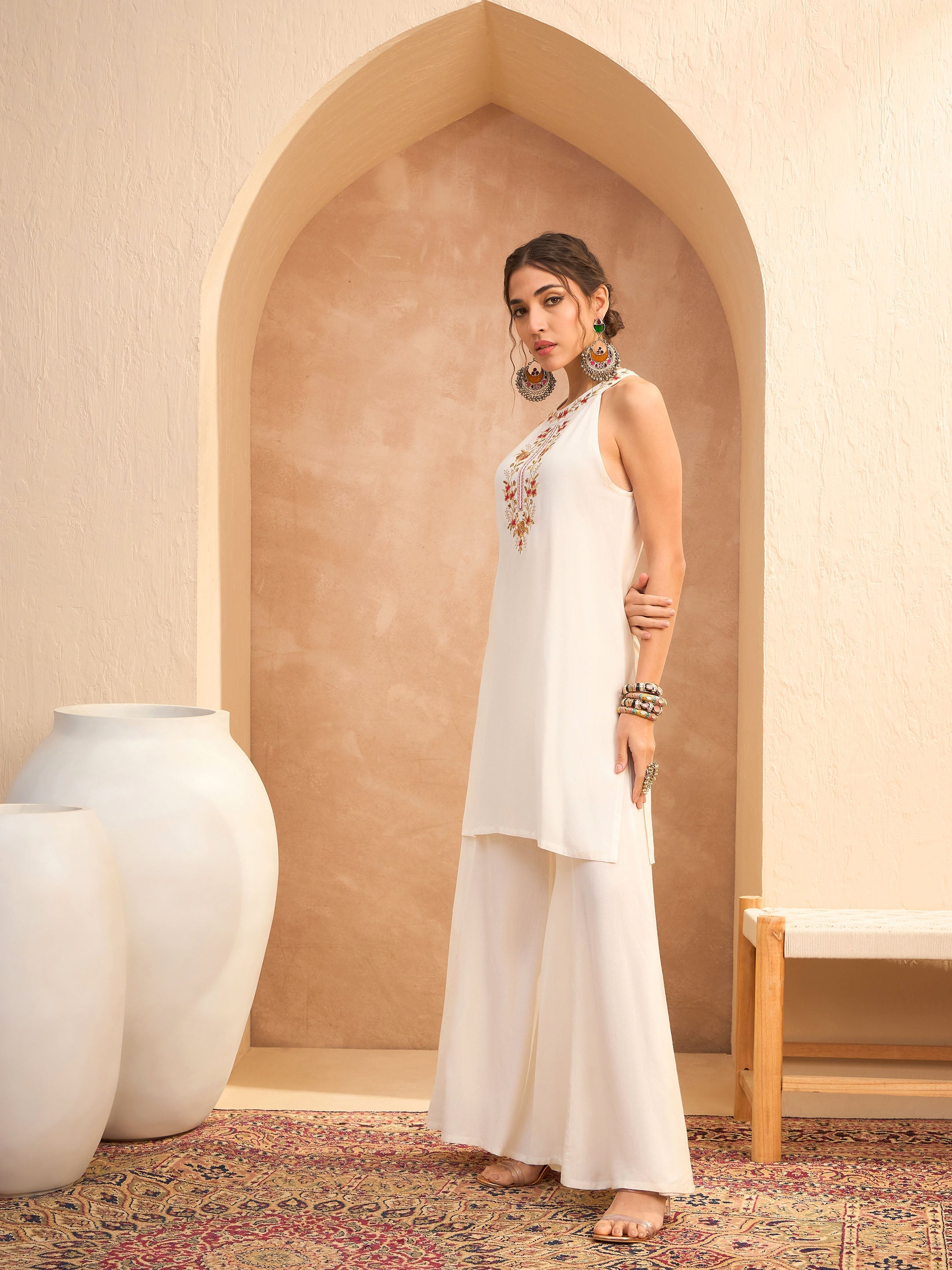 Women's White Embroidered Halter Kurta With Palazzo Pants-SHAE