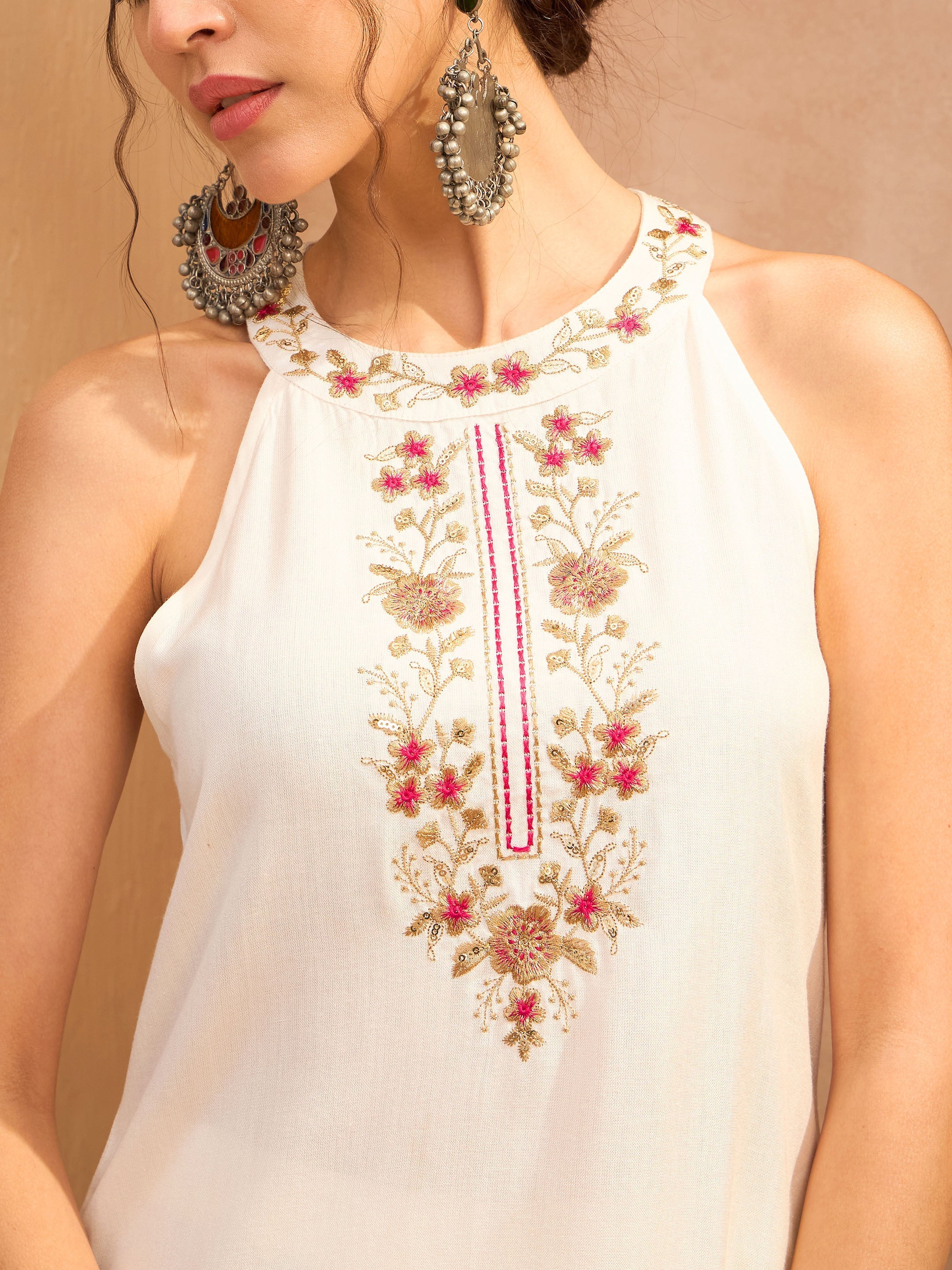 Women's White Embroidered Halter Kurta With Palazzo Pants-SHAE